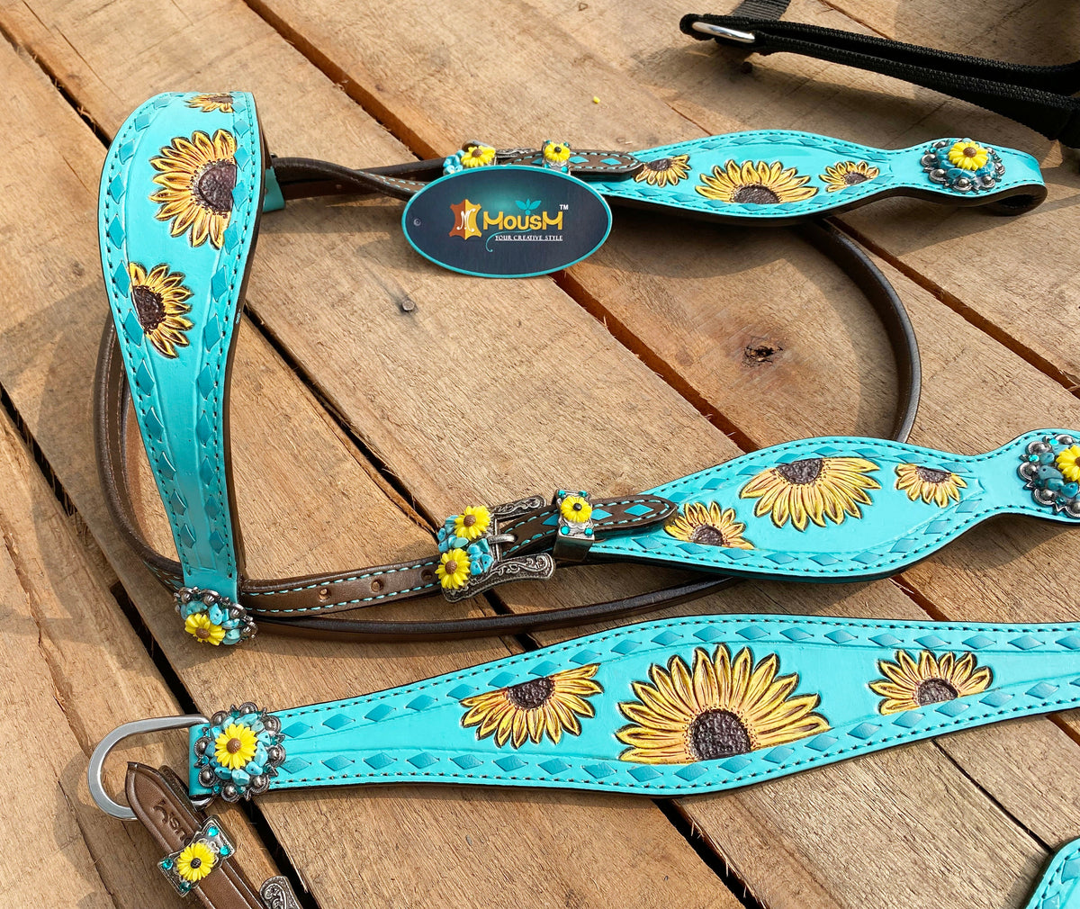 Hand Tooled Sunflower and Matching Concho Headstall Set