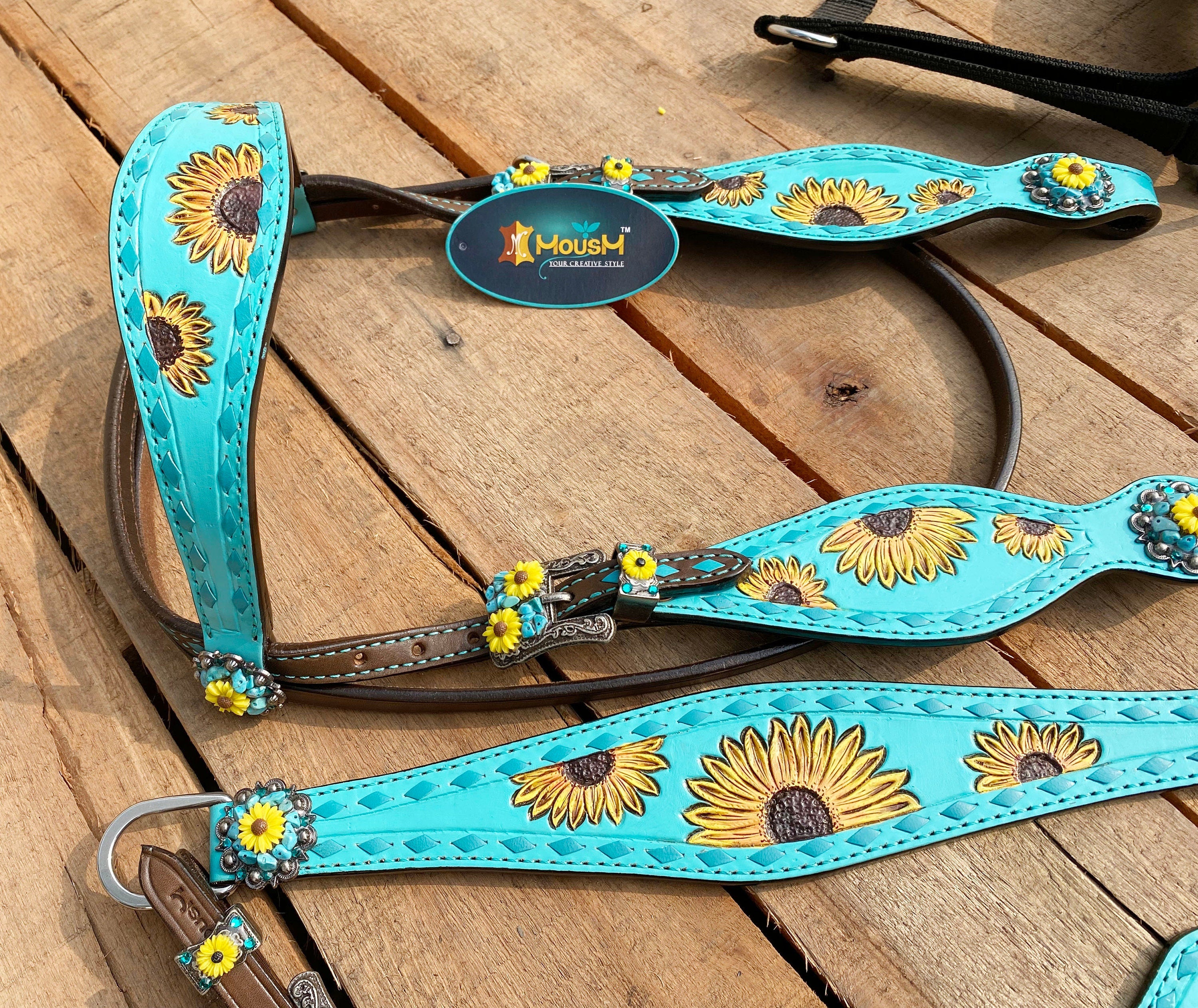 MOUSM Western Horse Tack Collection – Western Bridles and Headstalls Decorated Hand-Tooled Sunflower & Turquoise Concho Design