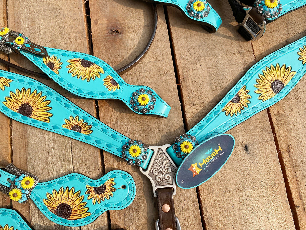 Hand Tooled Sunflower and Matching Concho Headstall Set