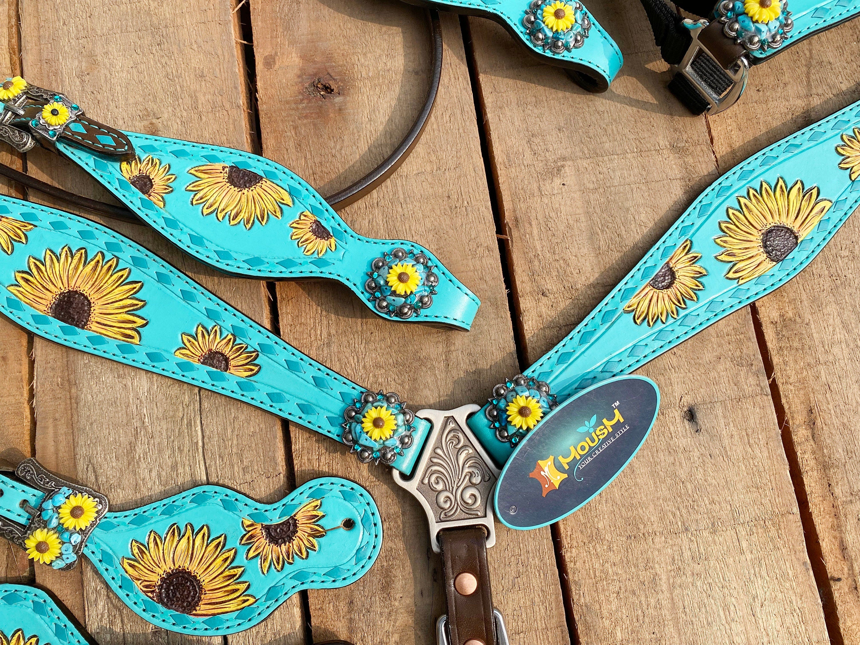 MOUSM Western Horse Tack Collection – Western Bridles and Headstalls Decorated Hand-Tooled Sunflower & Turquoise Concho Design