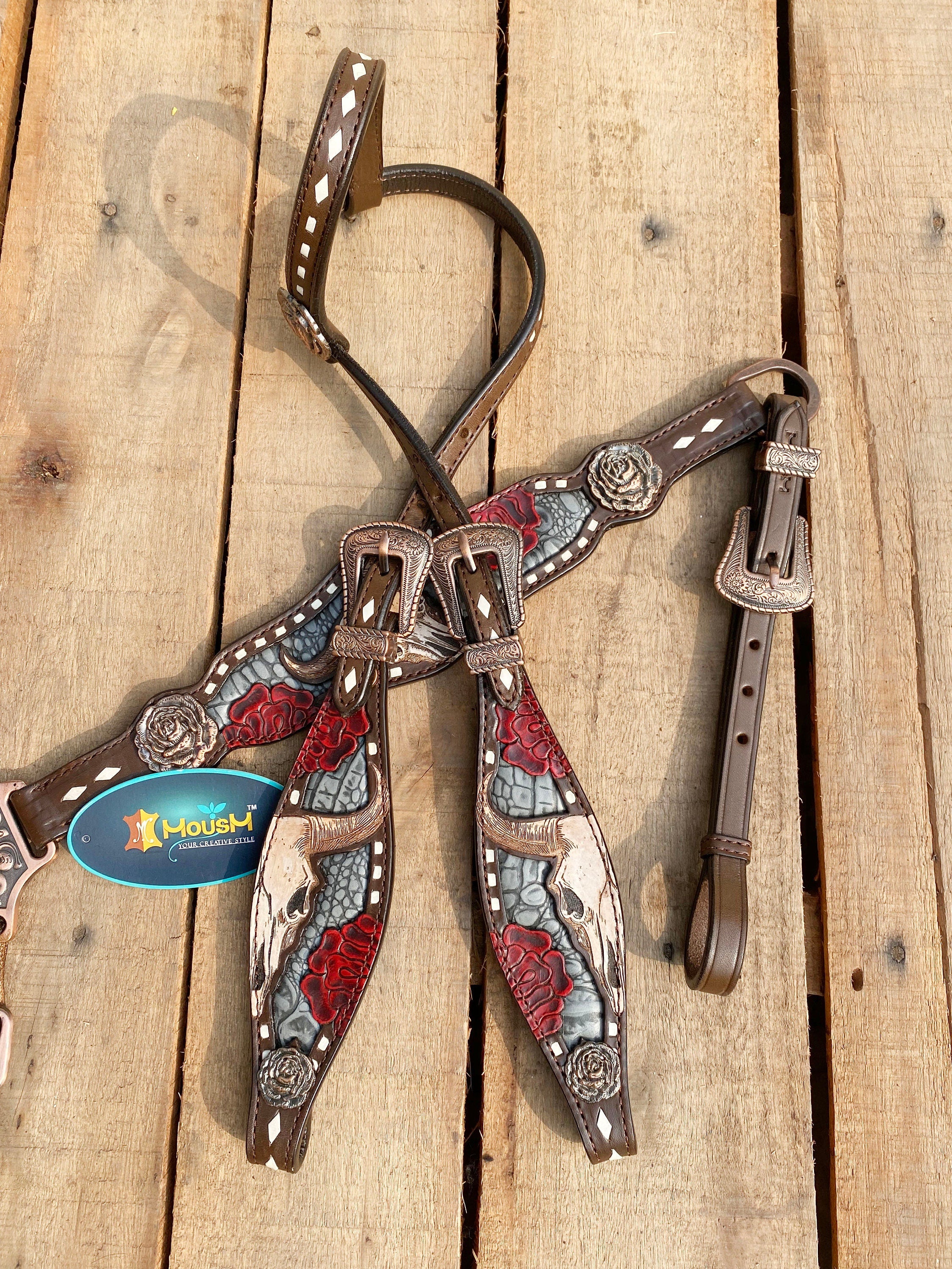MOUSM Western Headstall and Breast Collar Tack Set for Horse - Decorated with Hand-Tooled Bull and Rose with Alligator Inlay
