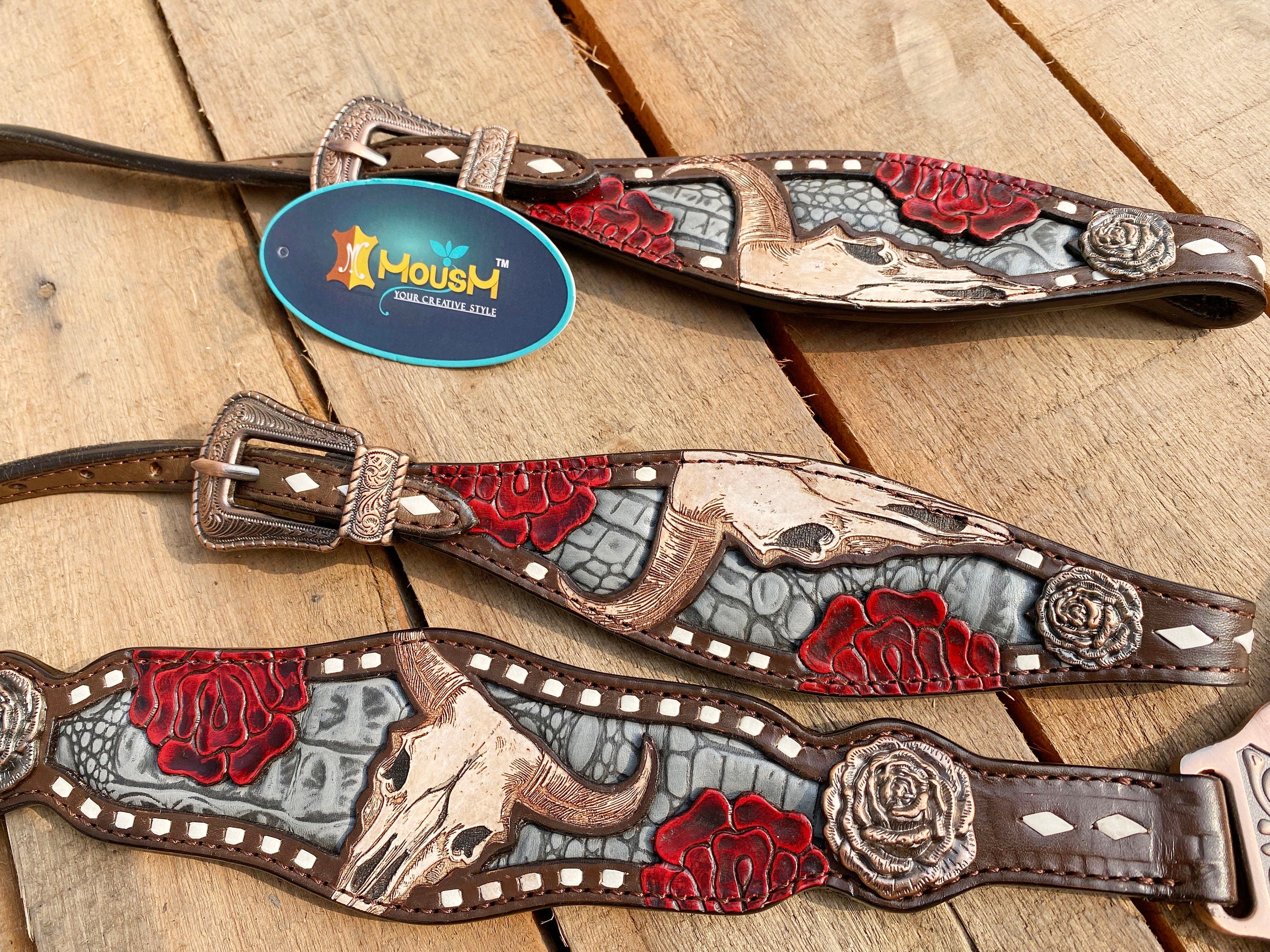 MOUSM Western Headstall and Breast Collar Tack Set for Horse - Decorated with Hand-Tooled Bull and Rose with Alligator Inlay