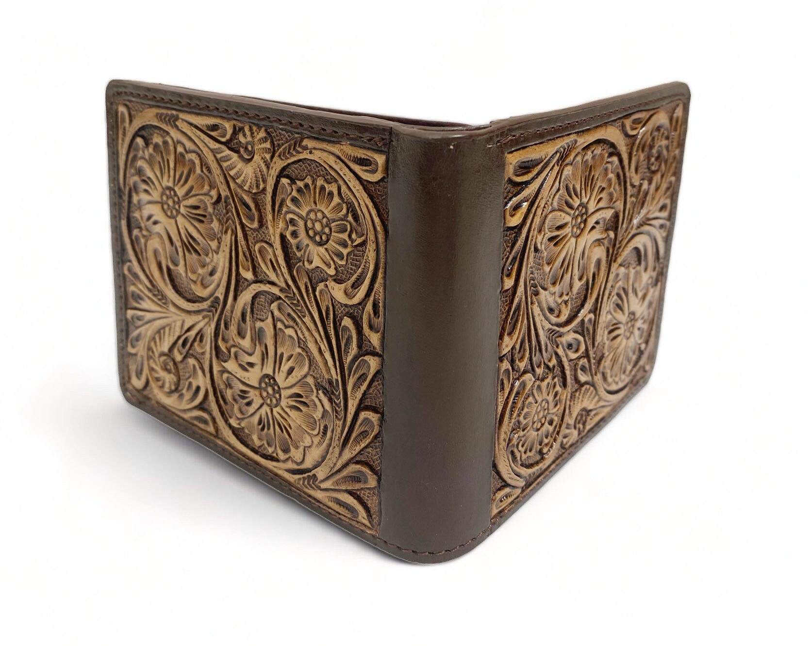 MOUSM Wallet Western Mens Leather Wallet for Men Argentina cow leather wallet with flower hand-tooled