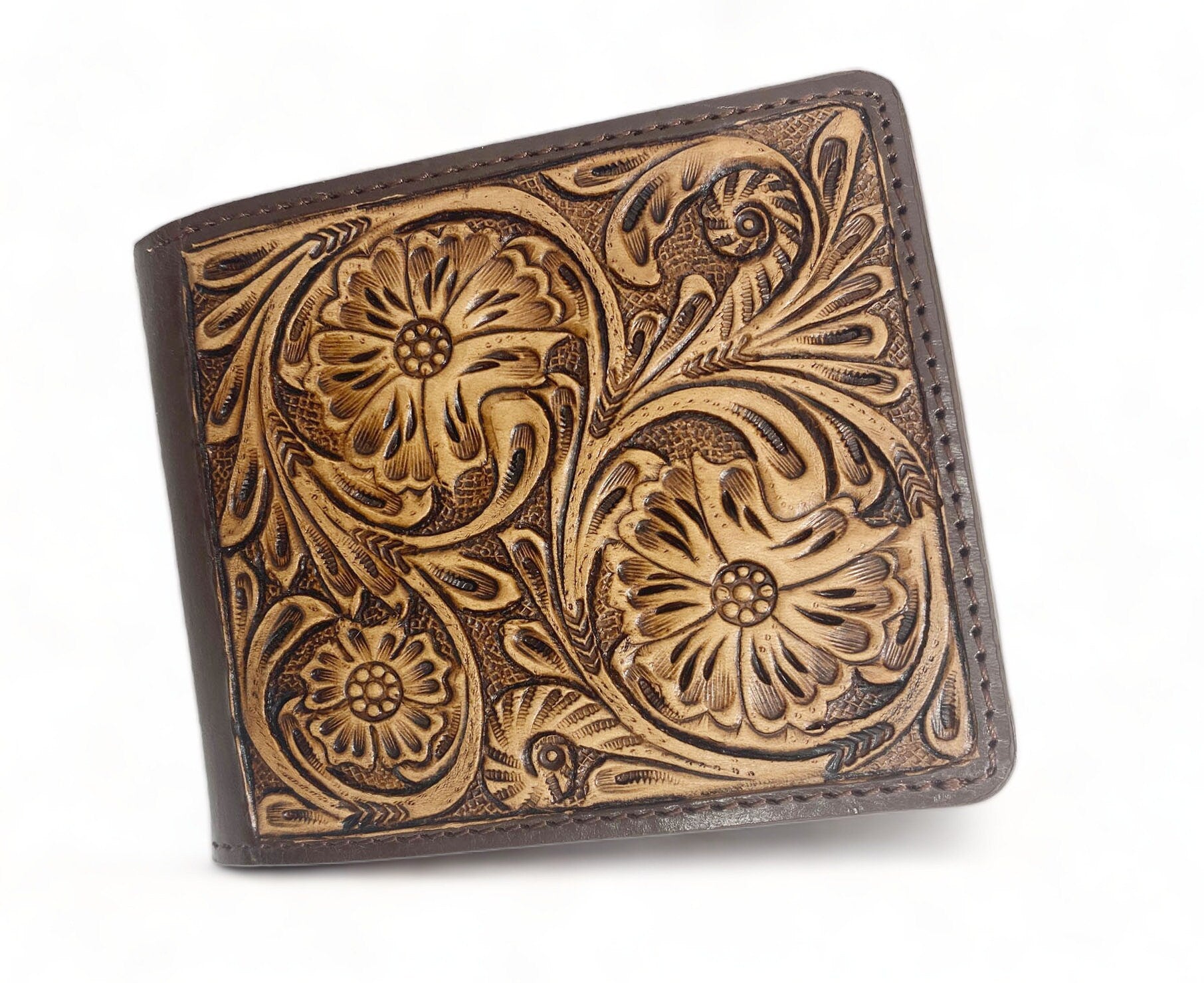 MOUSM Wallet Western Mens Leather Wallet for Men Argentina cow leather wallet with flower hand-tooled