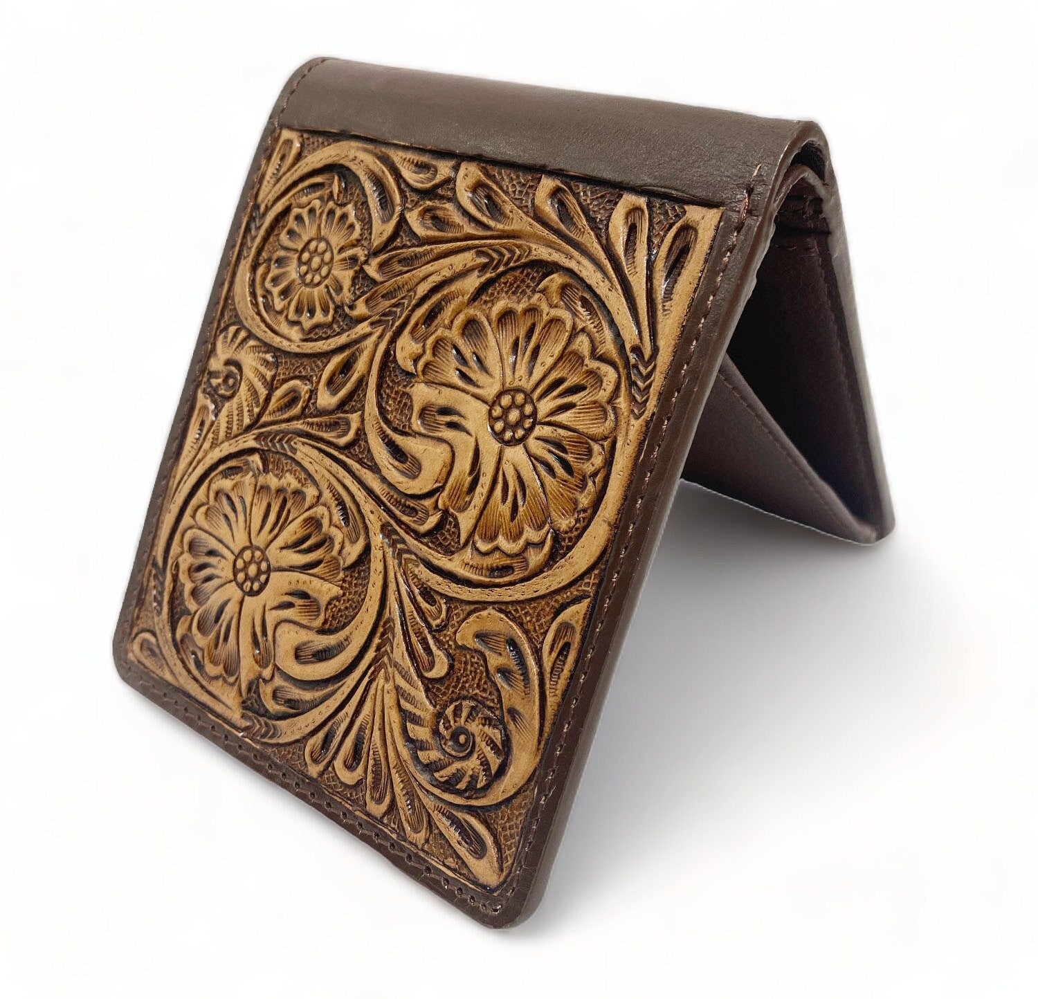MOUSM Wallet Western Mens Leather Wallet for Men Argentina cow leather wallet with flower hand-tooled