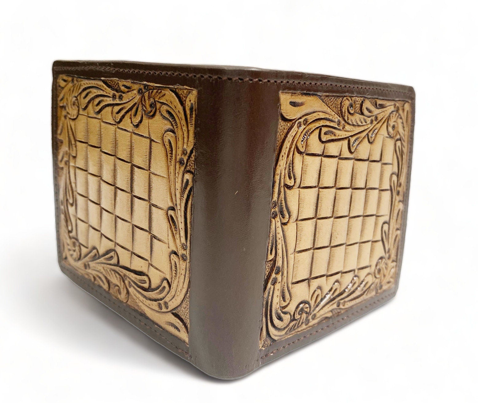 MOUSM Wallet Western Mens Leather Wallet for Men Argentina cow leather with basket hand tooled border carving