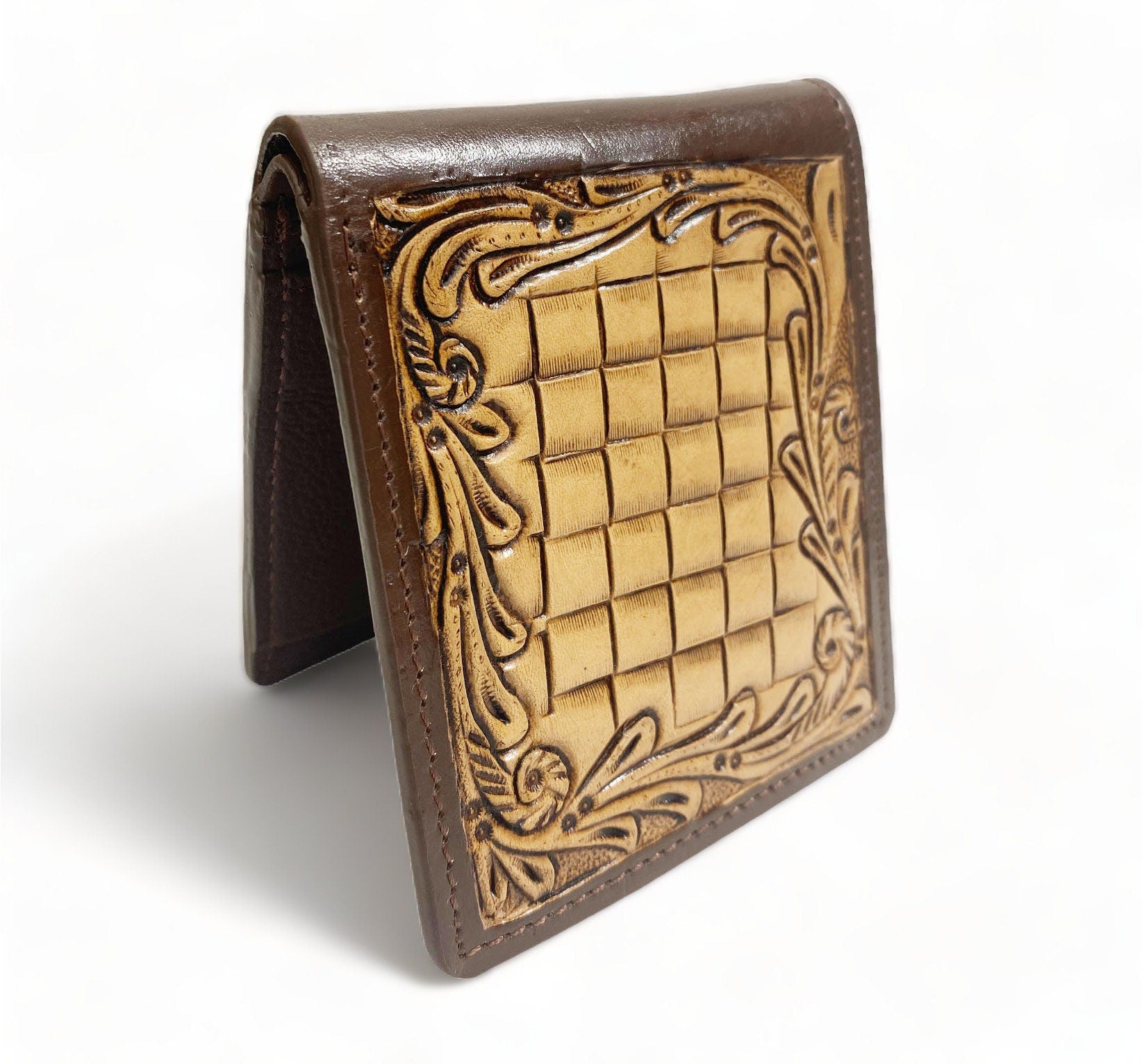 MOUSM Wallet Western Mens Leather Wallet for Men Argentina cow leather with basket hand tooled border carving