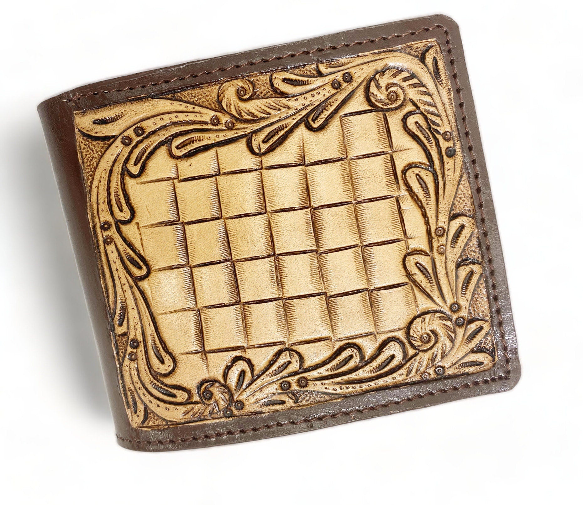 MOUSM Wallet Western Mens Leather Wallet for Men Argentina cow leather with basket hand tooled border carving