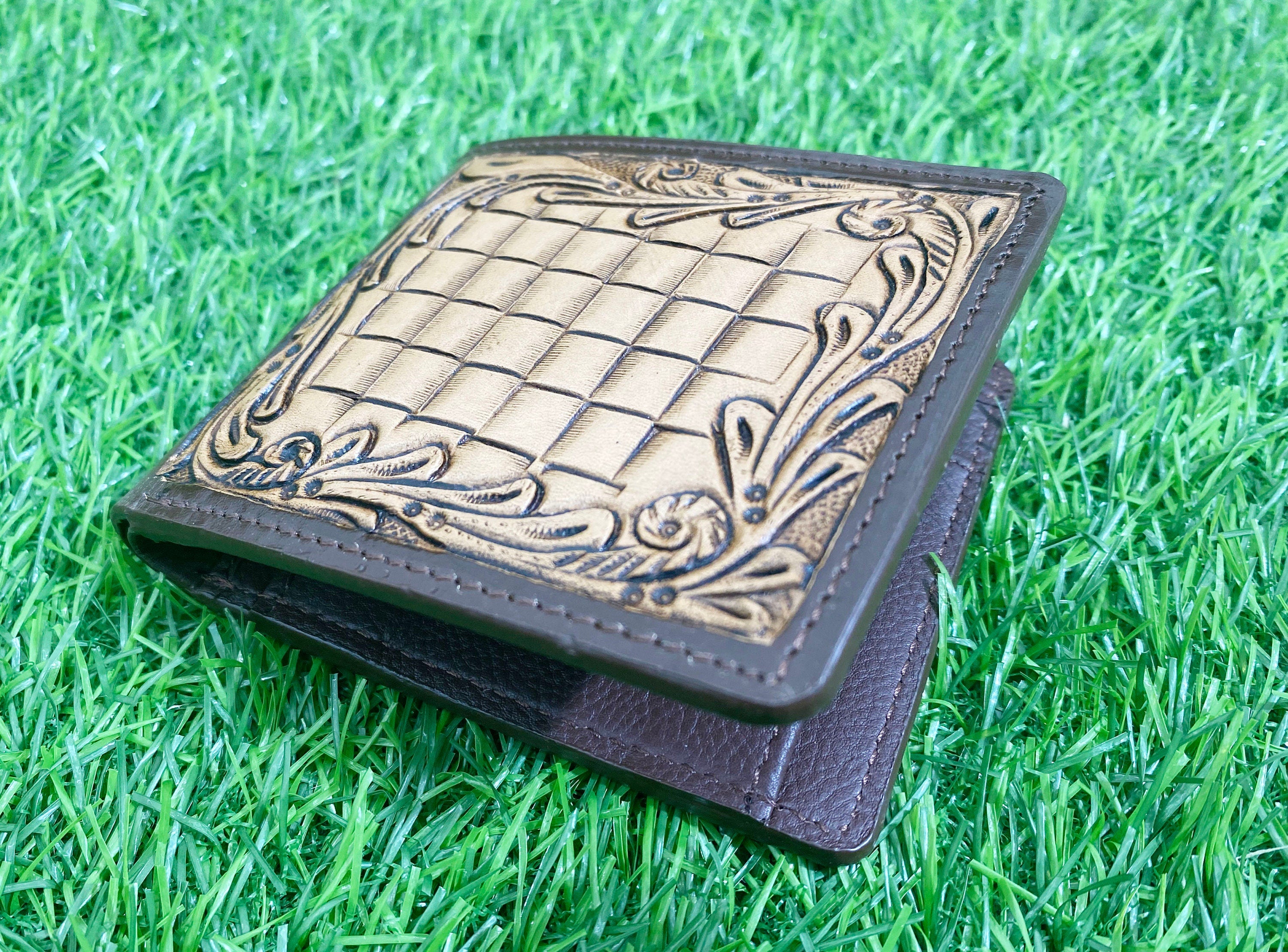 MOUSM Wallet Western Mens Leather Wallet for Men Argentina cow leather with basket hand tooled border carving