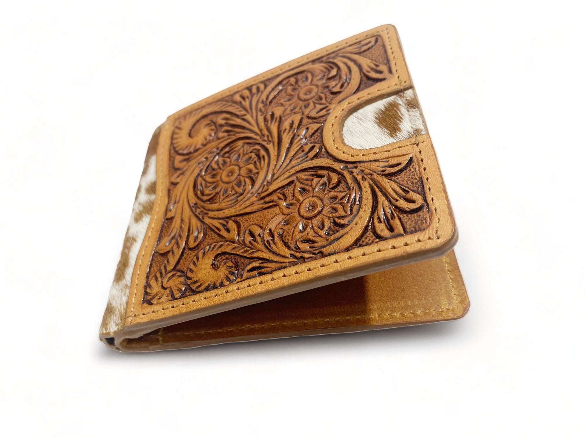 MOUSM Wallet Western Mens Leather Wallet for Men Argentina cow leather having flower carving with quick card pocket wallet