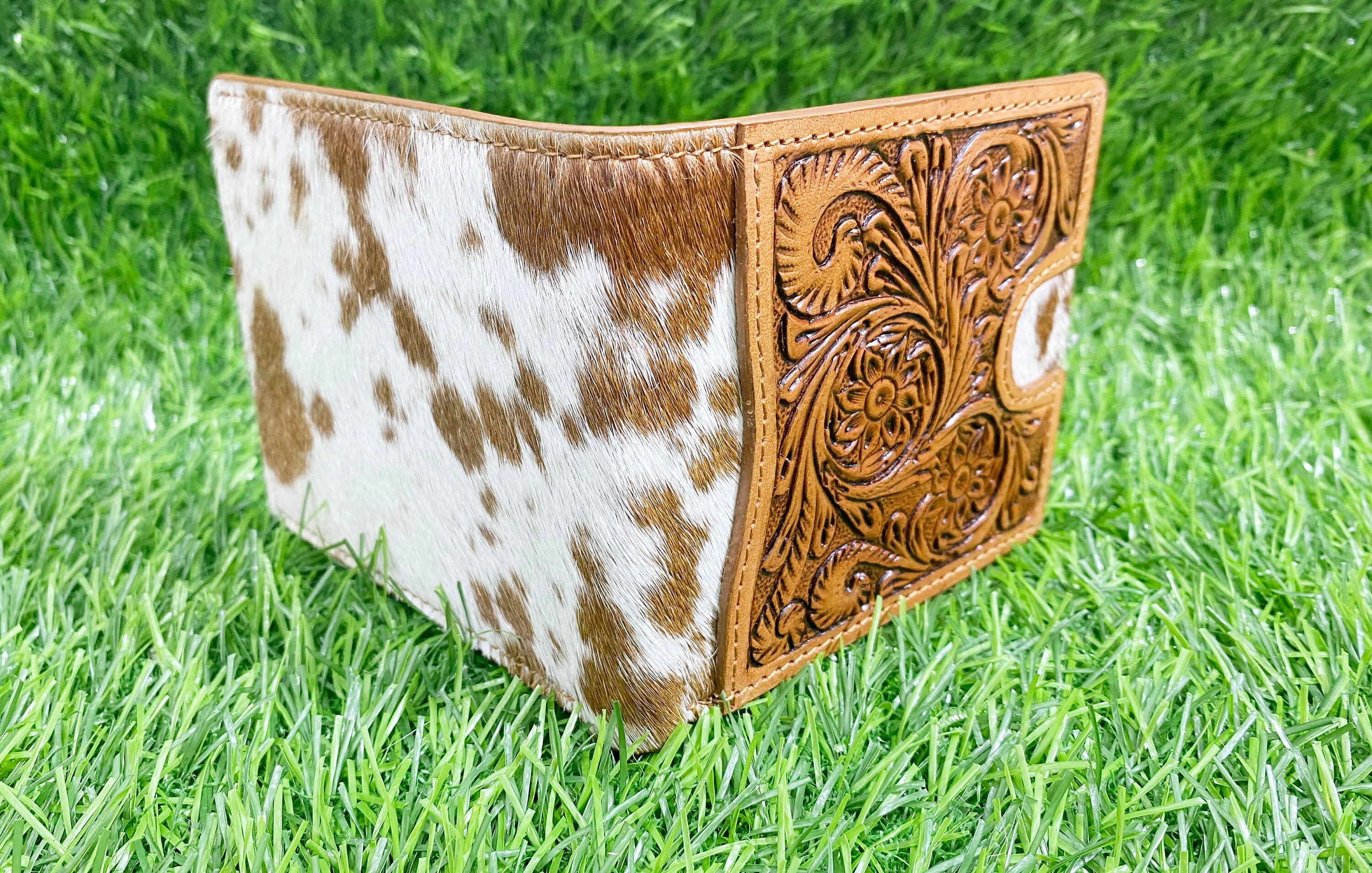 MOUSM Wallet Western Mens Leather Wallet for Men Argentina cow leather having flower carving with quick card pocket wallet