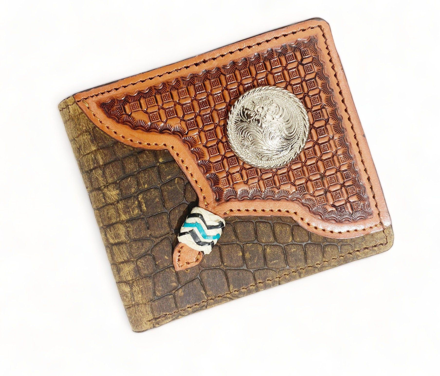 MOUSM Wallet Western Mens Leather Wallet for Men cow leather with Aligator print with window tooled Wallet