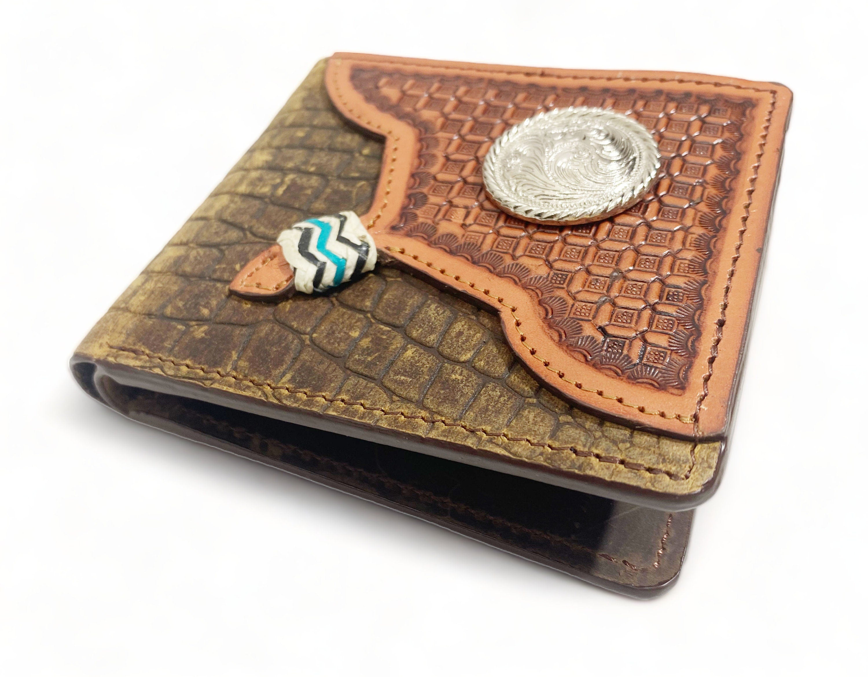 MOUSM Wallet Western Mens Leather Wallet for Men cow leather with Aligator print with window tooled Wallet