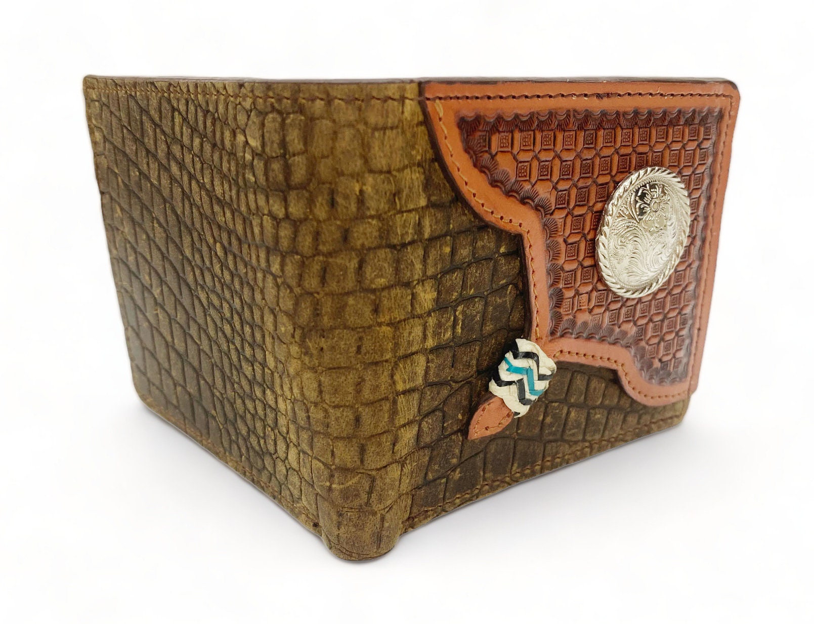 MOUSM Wallet Western Mens Leather Wallet for Men cow leather with Aligator print with window tooled Wallet