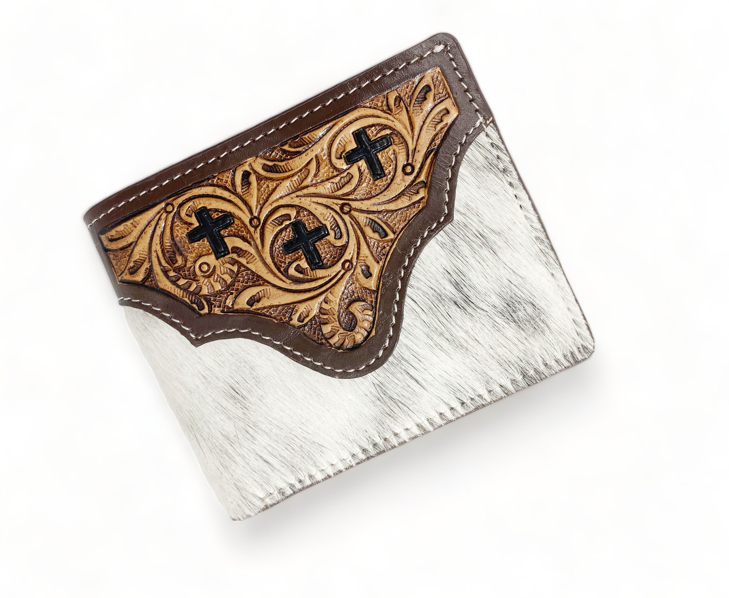 MOUSM Wallet Western Mens Leather Wallet for Men Argentina cow leather with cross carving Antique finish wallet with black and white cowhide