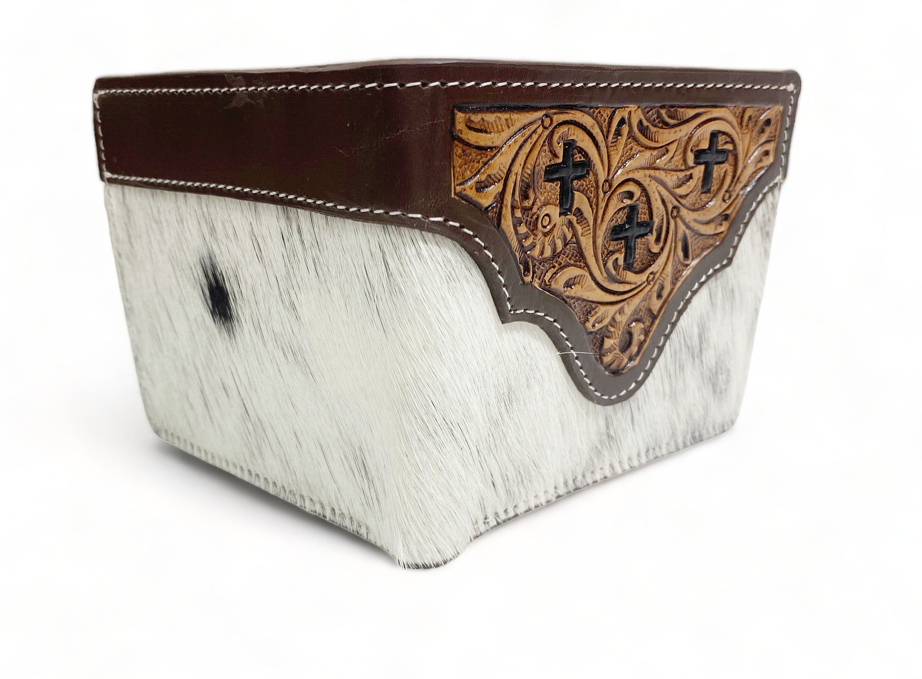 MOUSM Wallet Western Mens Leather Wallet for Men Argentina cow leather with cross carving Antique finish wallet with black and white cowhide