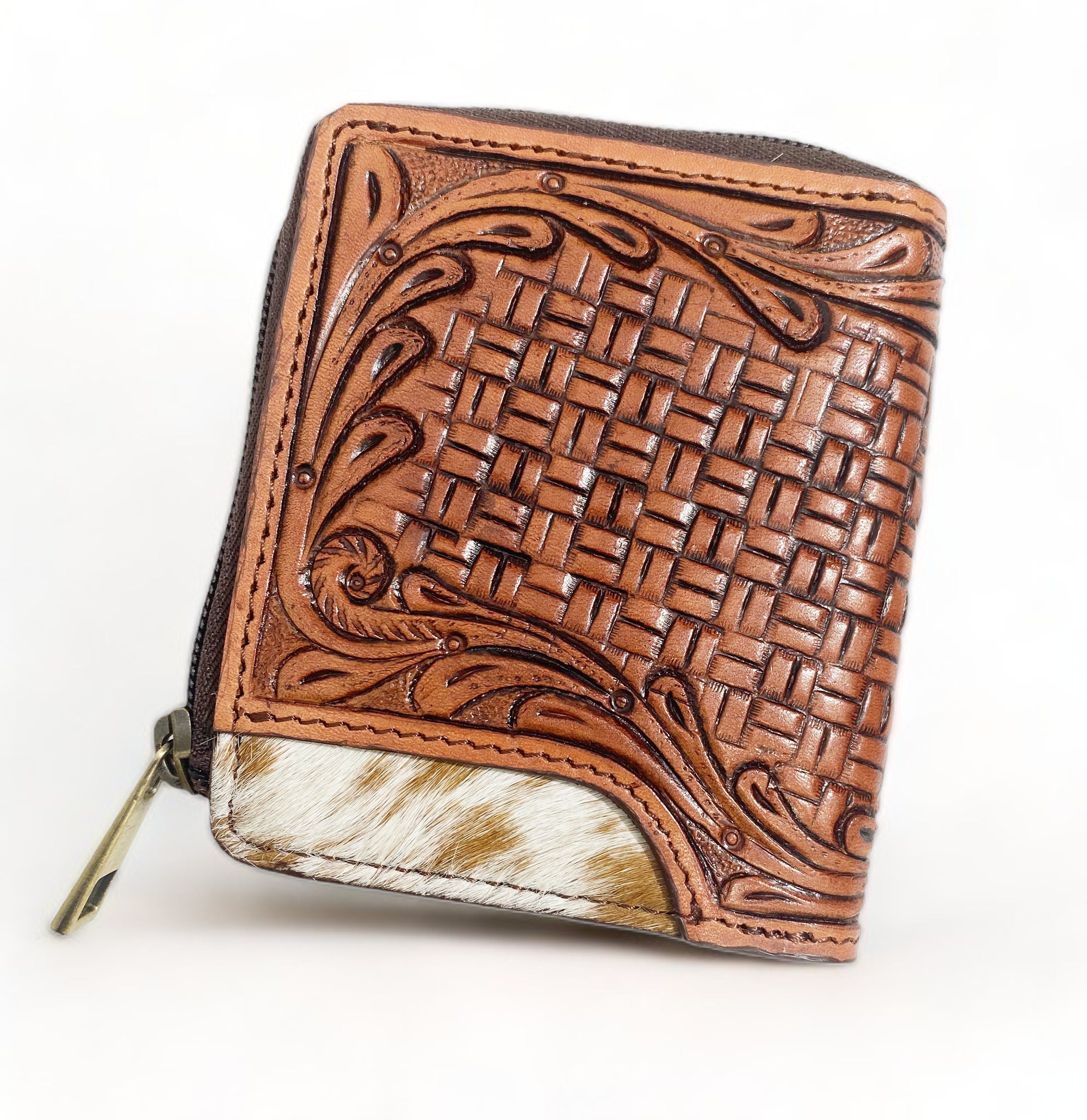 MOUSM Wallet Western Mens Leather Wallet for Men Argentina cow leather box tooled border carving wallet Full zipper closing wallet