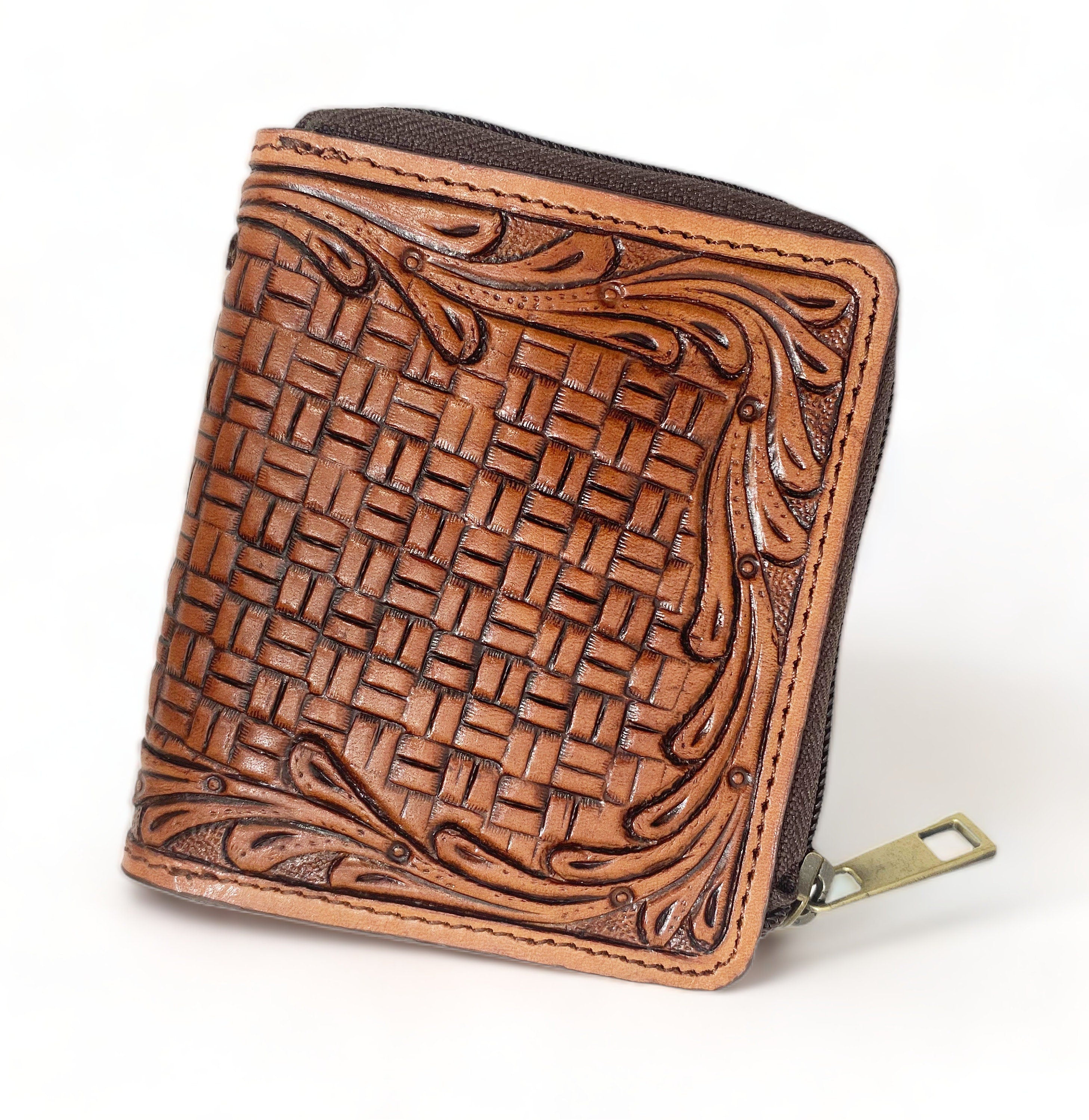 MOUSM Wallet Western Mens Leather Wallet for Men Argentina cow leather box tooled border carving wallet Full zipper closing wallet