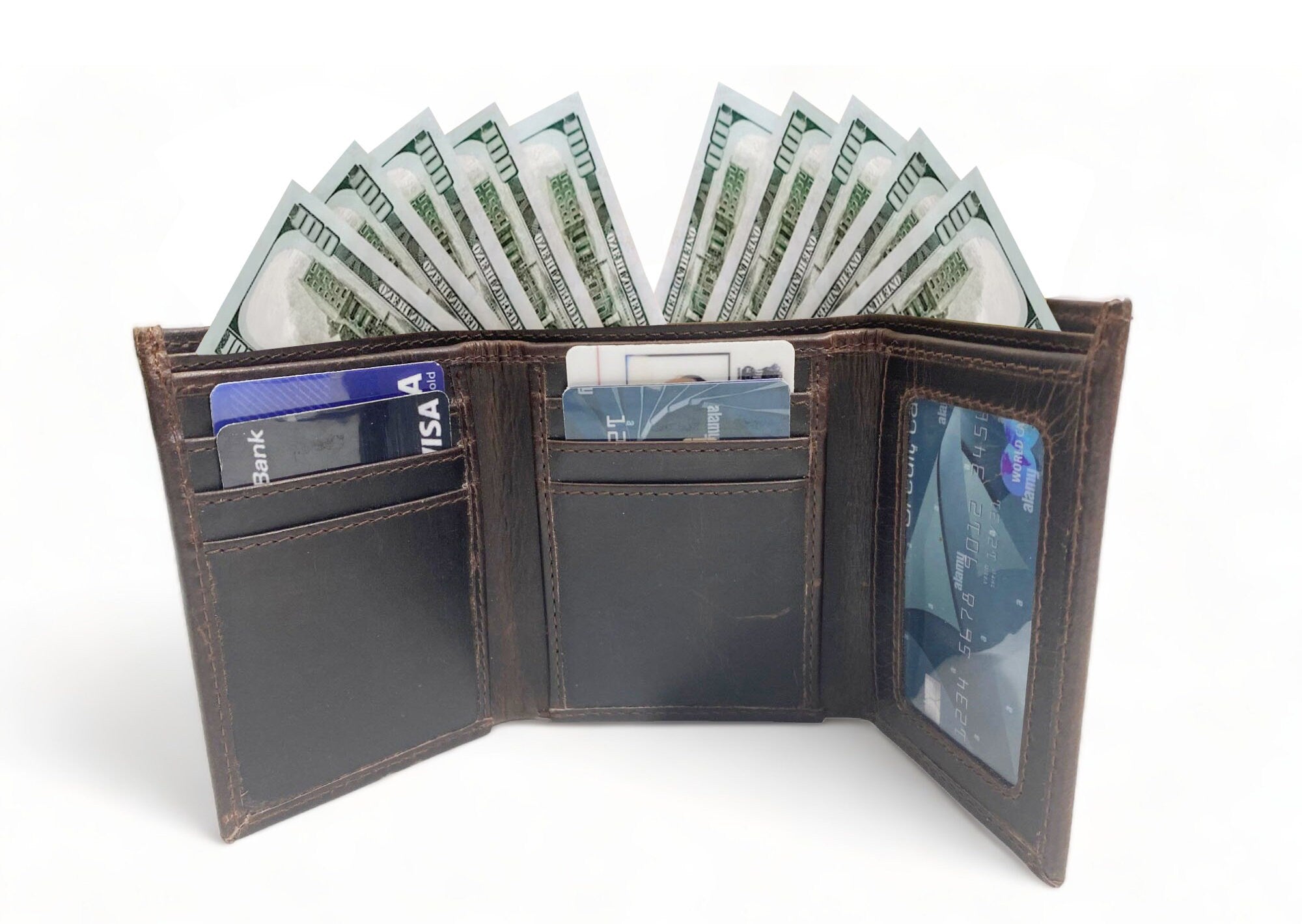 MOUSM Wallet Western Mens Leather Wallet for Men Argentina cow leather wallet Dark Brown Wax Leather wallet 3 Fold Organizer wallet