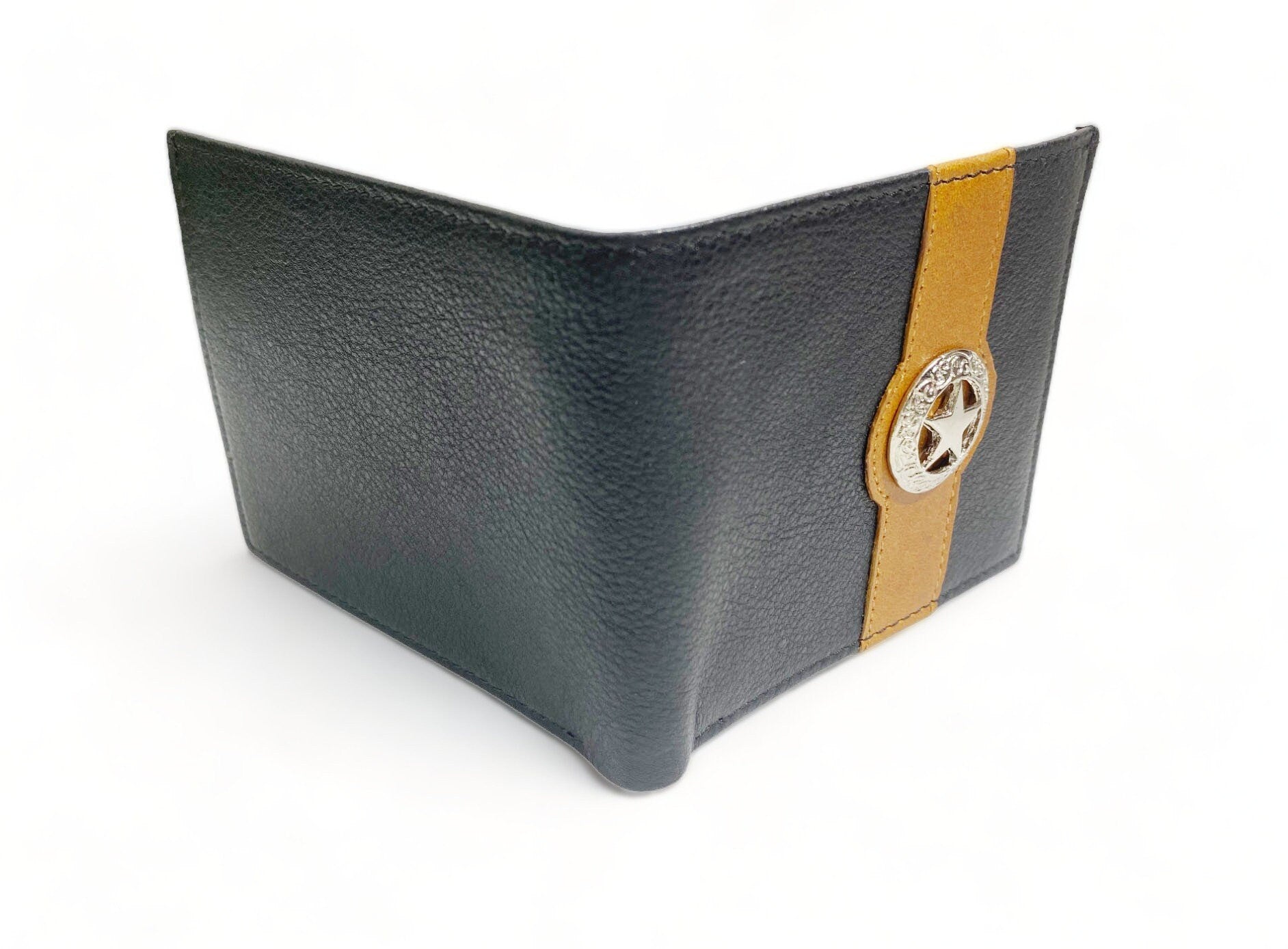 MOUSM Wallet Western Mens Leather Wallet for Men Argentina Black Cow Leather with Taxes Star concho on yellow strip wallet