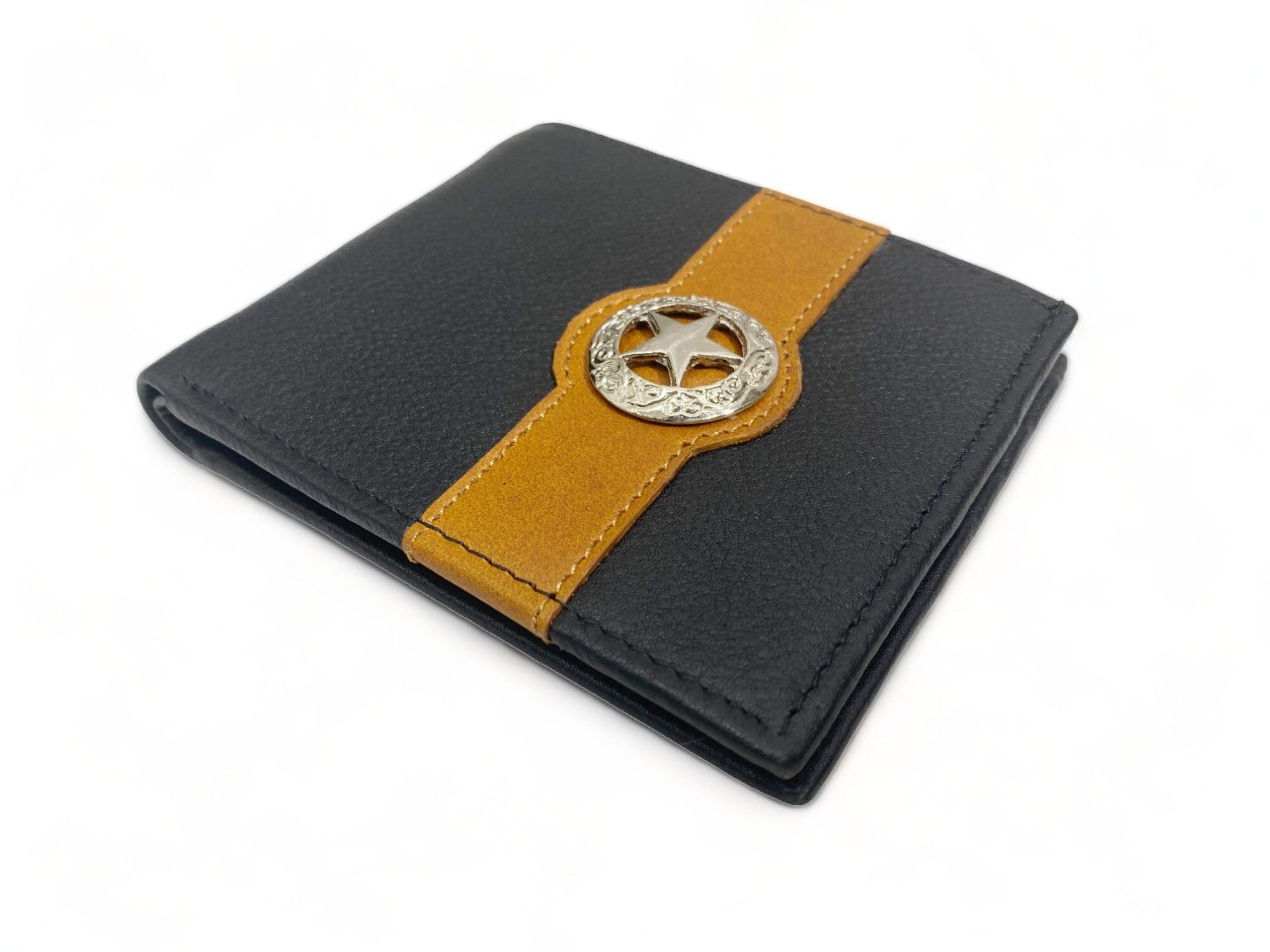 MOUSM Wallet Western Mens Leather Wallet for Men Argentina Black Cow Leather with Taxes Star concho on yellow strip wallet