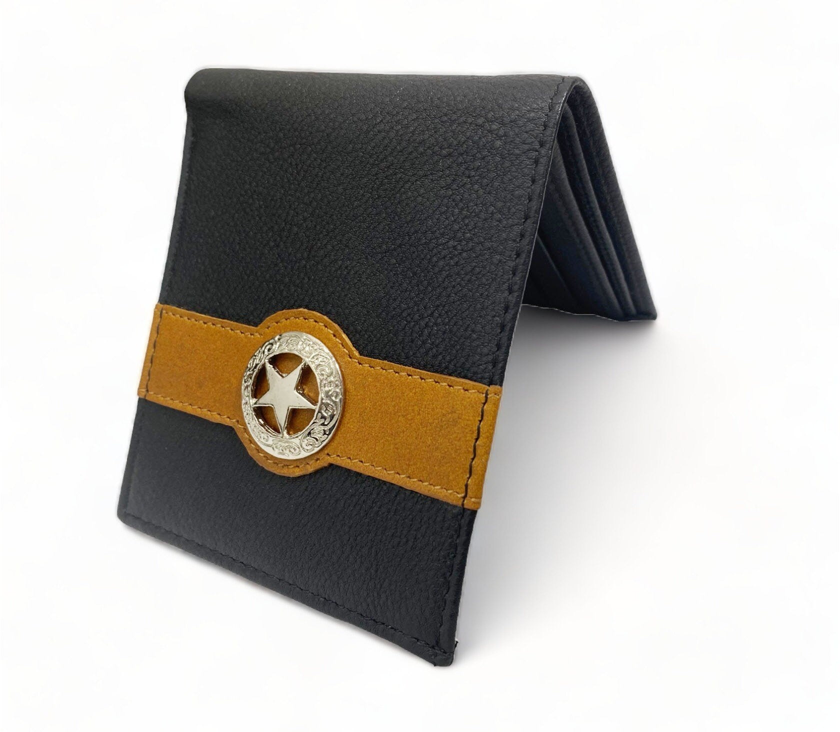 MOUSM Wallet Western Mens Leather Wallet for Men Argentina Black Cow Leather with Taxes Star concho on yellow strip wallet