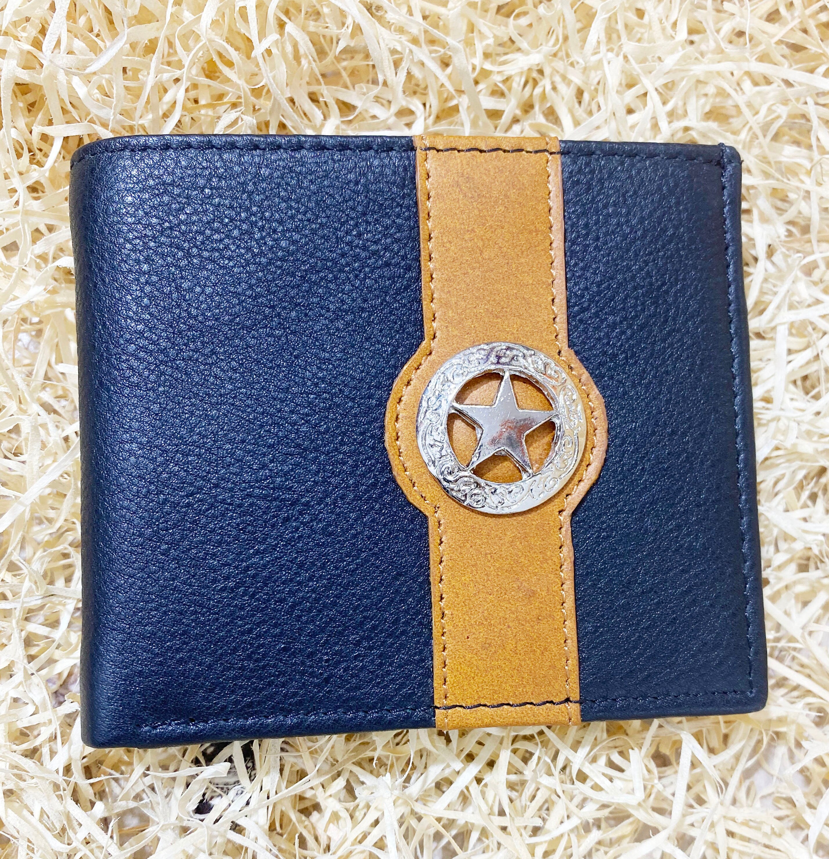 MOUSM Wallet Western Mens Leather Wallet for Men Argentina Black Cow Leather with Taxes Star concho on yellow strip wallet
