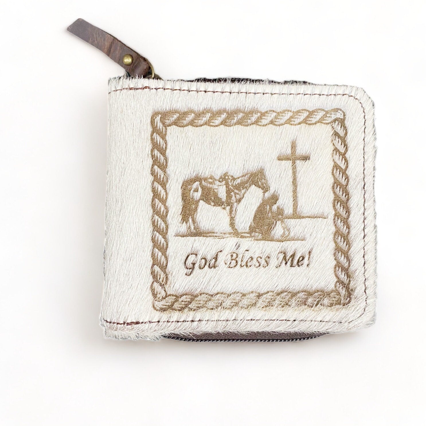 MOUSM Wallet Western Mens Leather Wallet for Men White Real Cowhide with praying cowboy engraved wallet Full zipper closer Wallet