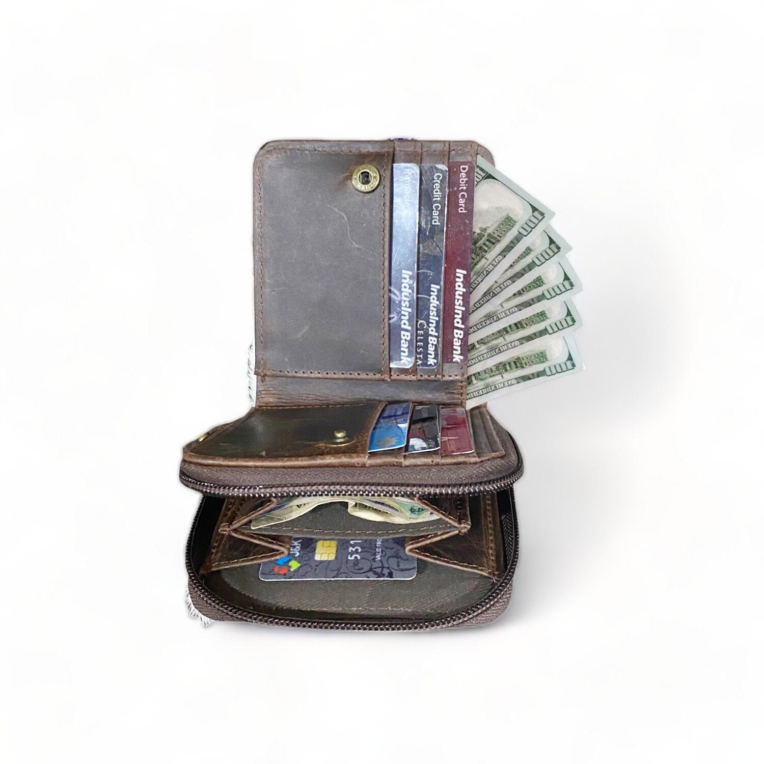 MOUSM Wallet Western Mens Leather Wallet for Men White Real Cowhide with praying cowboy engraved wallet Full zipper closer Wallet