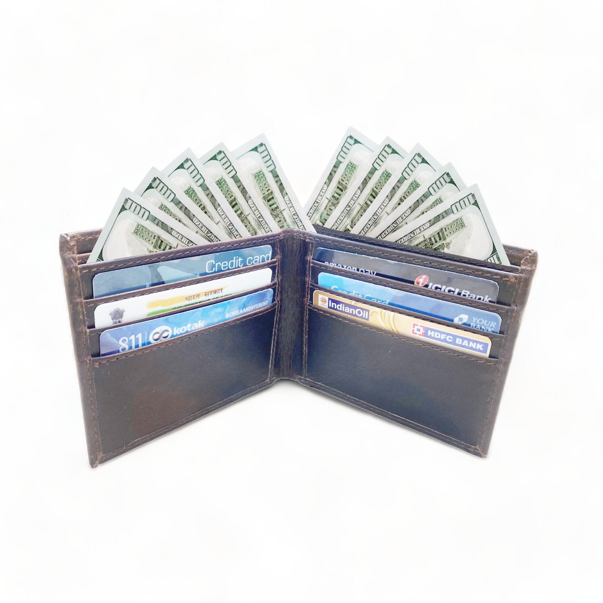 MOUSM Wallet Western Mens Leather Wallet for Men Argentina cow leather wallet Dark Brown Wax Leather wallet 2 Fold Organizer wallet