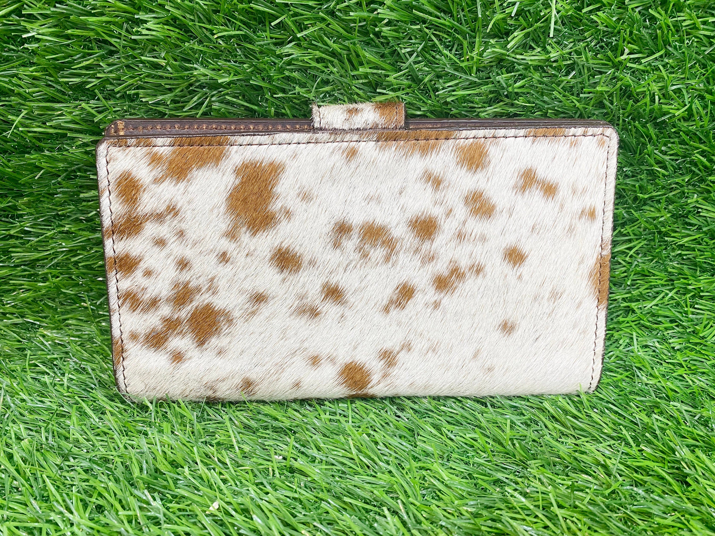 MOUSM Ladies Clutch Bag – Natural Hair-On Cowhide with Silver Rose Concho, Handmade Distressed Leather Party & Evening Wallet for Women with Magnetic Closure