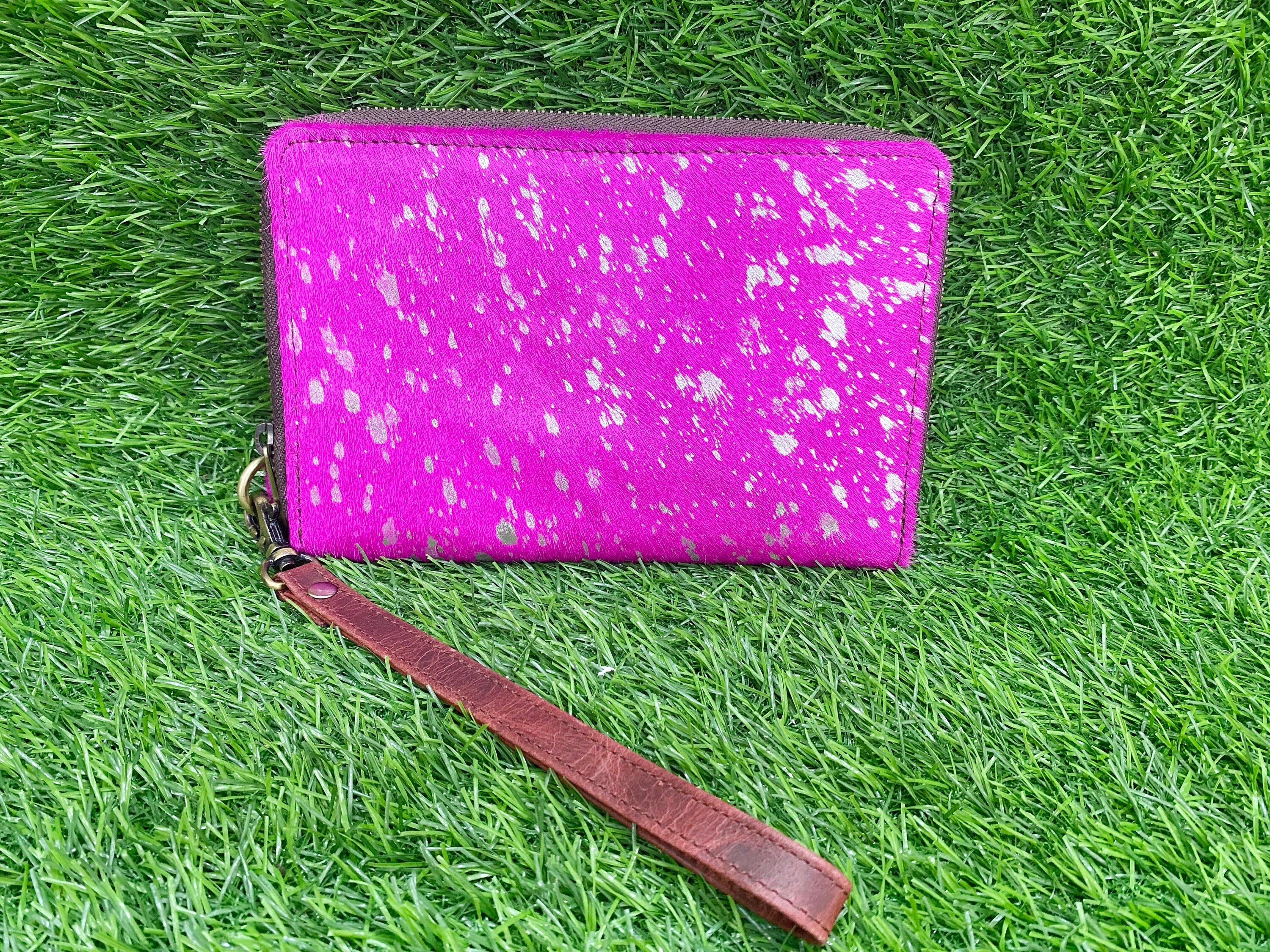 MOUSM Ladies Clutch Bag – Natural Cowhide with Pink Metallic Acid Wash, Handmade Leather Evening & Party Clutch for Women with Zipper Closure