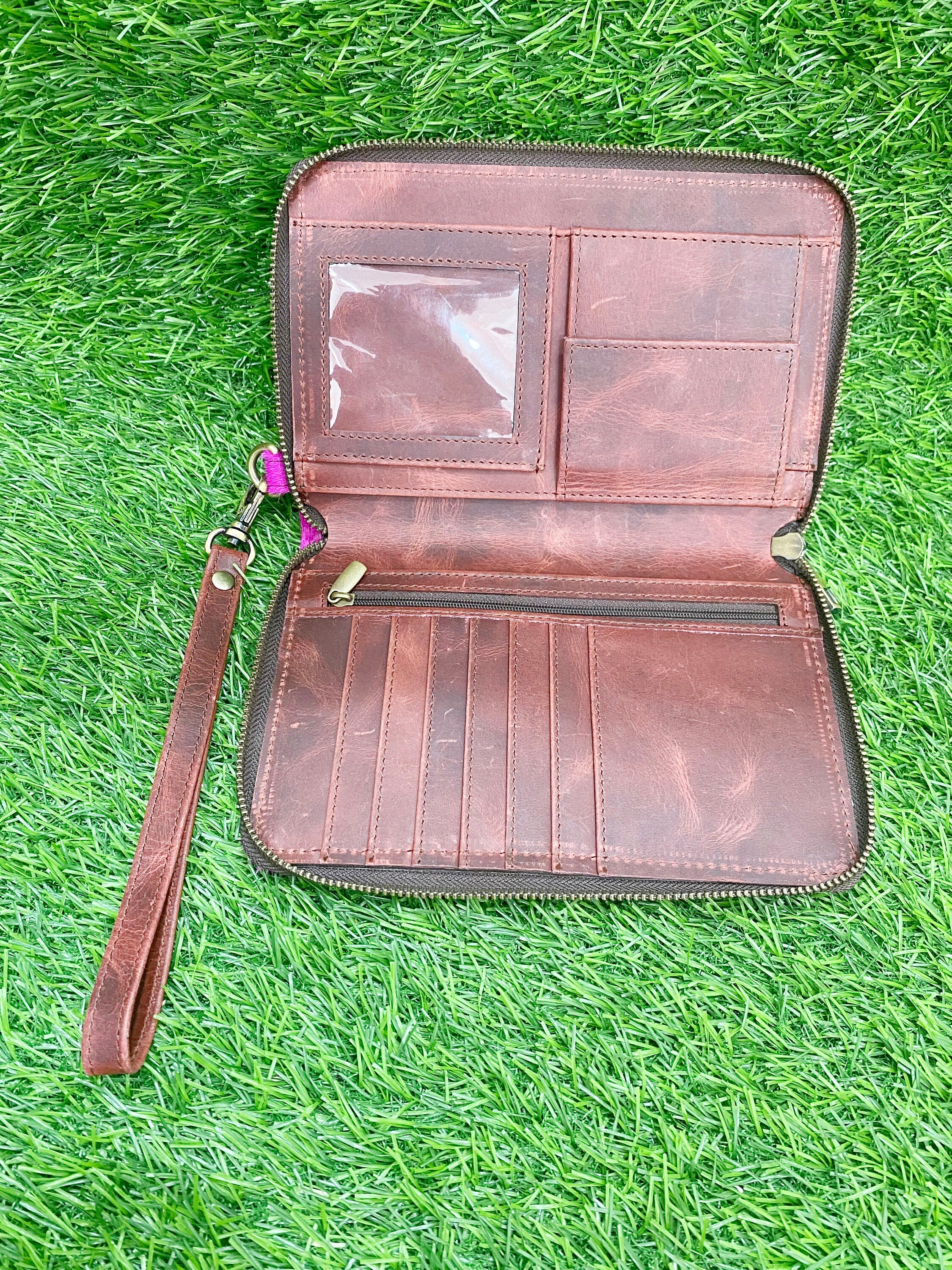 MOUSM Ladies Clutch Bag – Natural Cowhide with Pink Metallic Acid Wash, Handmade Leather Evening & Party Clutch for Women with Zipper Closure