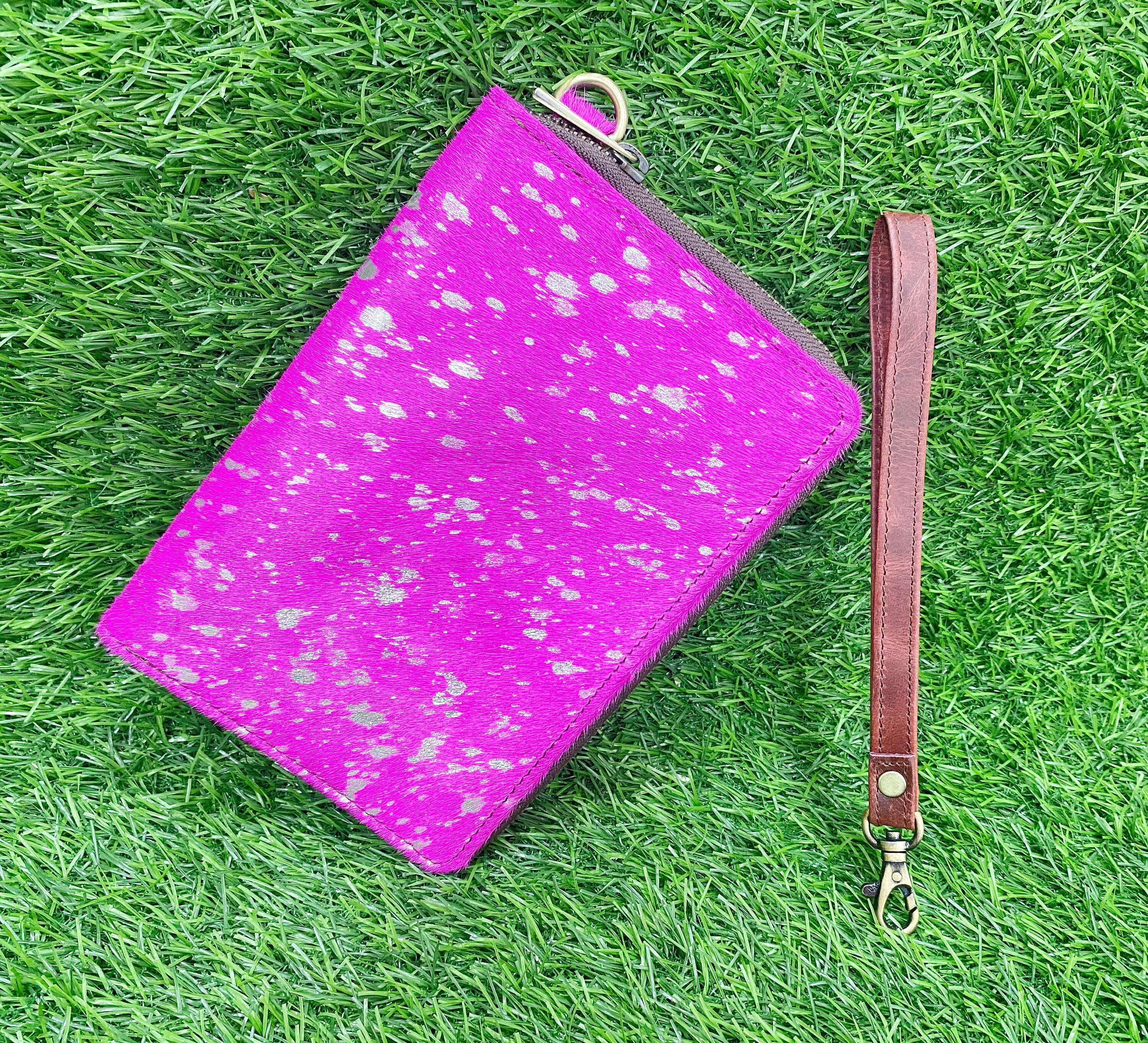 MOUSM Ladies Clutch Bag – Natural Cowhide with Pink Metallic Acid Wash, Handmade Leather Evening & Party Clutch for Women with Zipper Closure