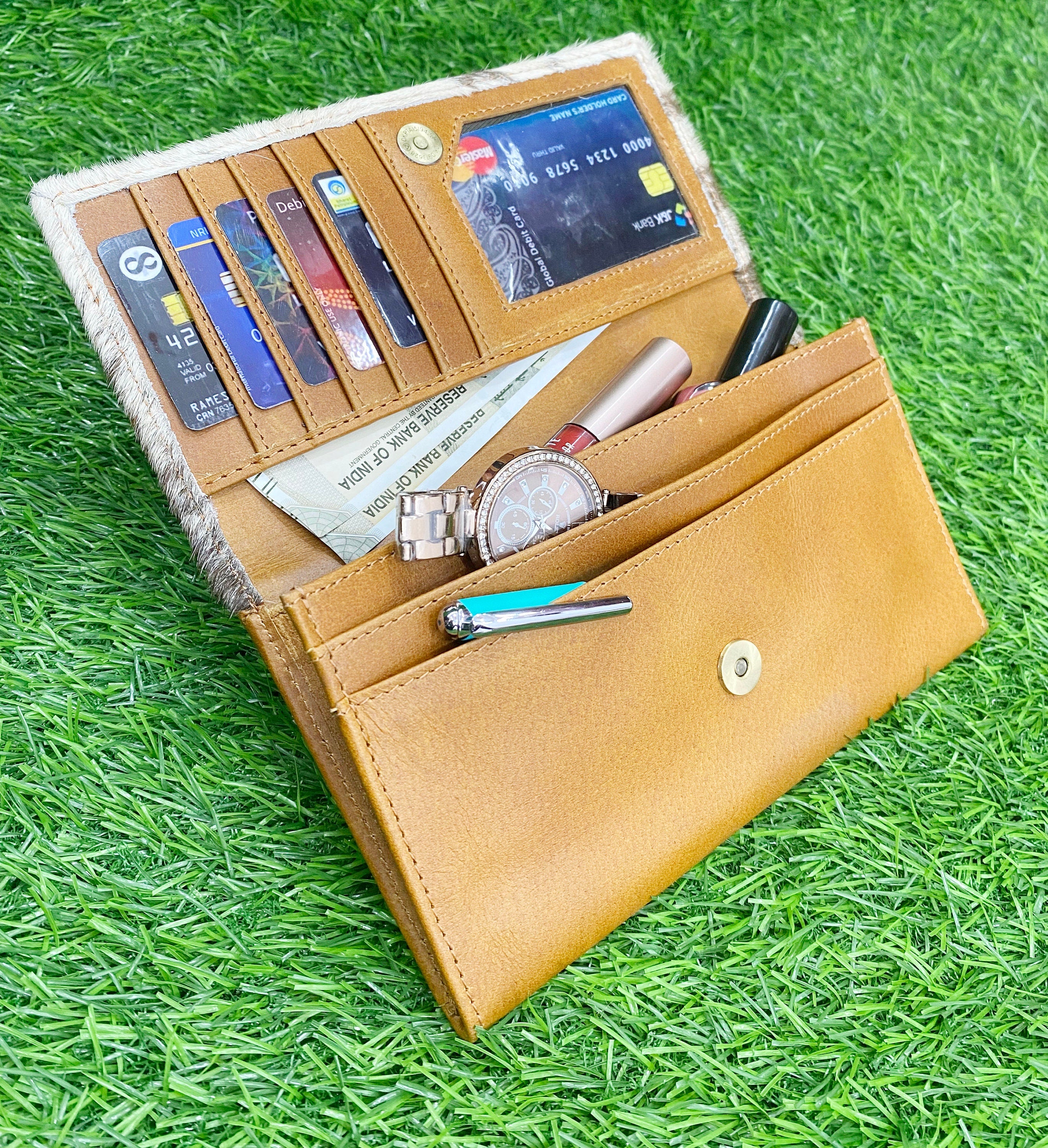 MOUSM Ladies Clutch Bag – Natural Hair-On Cowhide with Heat-Pressed Angel Wings Engraving, Distressed Leather Evening & Party Clutch for Women with Magnet Closure