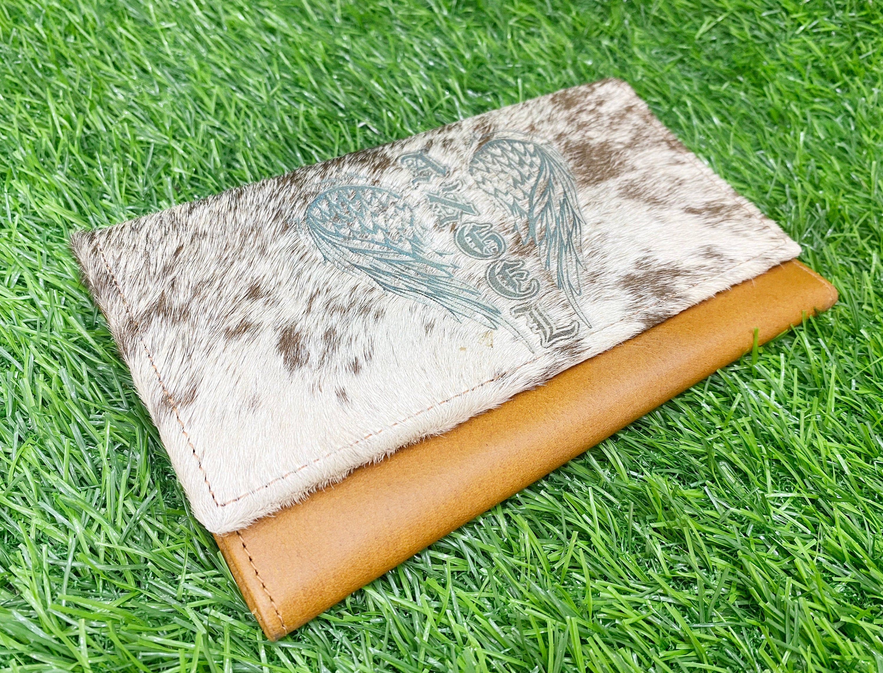 MOUSM Ladies Clutch Bag – Natural Hair-On Cowhide with Heat-Pressed Angel Wings Engraving, Distressed Leather Evening & Party Clutch for Women with Magnet Closure