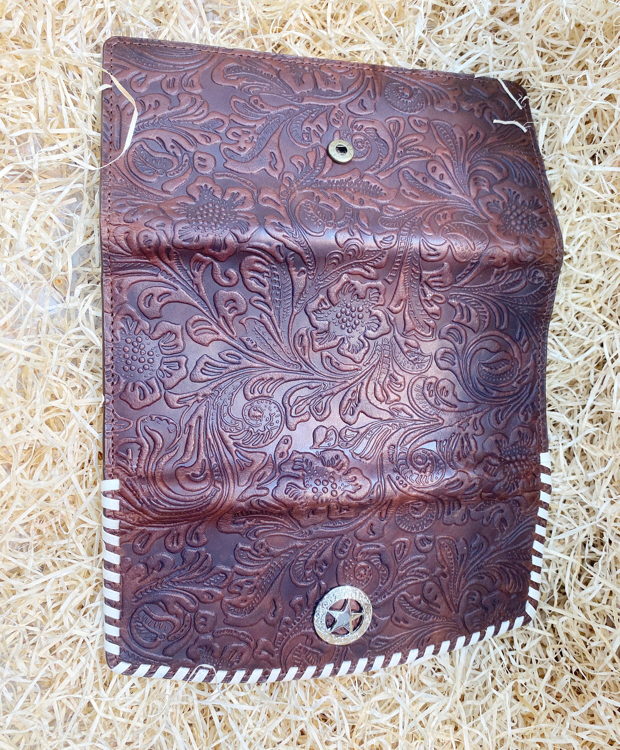 ladies clutch bag with flower embossed leather rawhide brading Texas star concho Ladies&