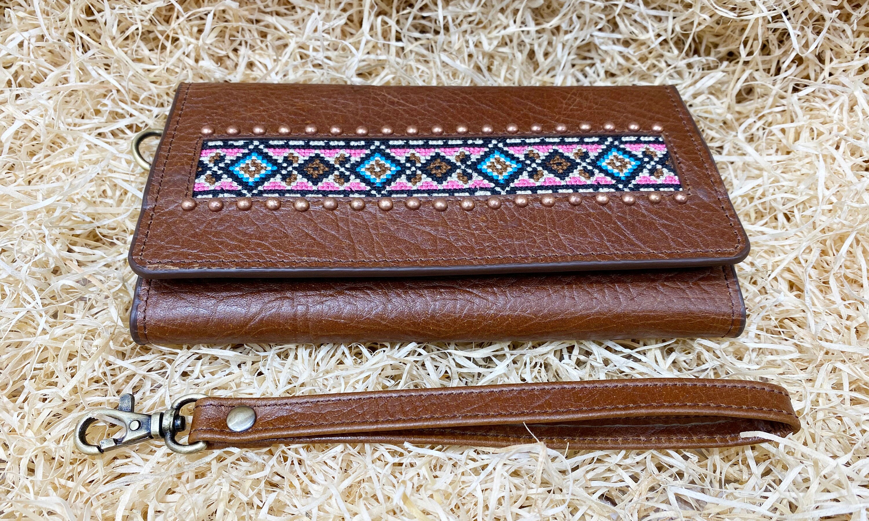 ladies clutch bag comes with Aztec embroidery overlay with copper studs Western leather clutch bag Evening clutch bag Party clutch bag MOUSM