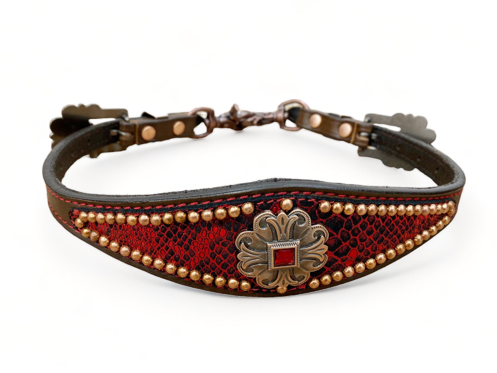 MOUSM Western Wither Strap - Stylish Horse Tack Accessory Decorated with Red Snake Skin-Textured Print, Surrounded by Antique Copper Studs