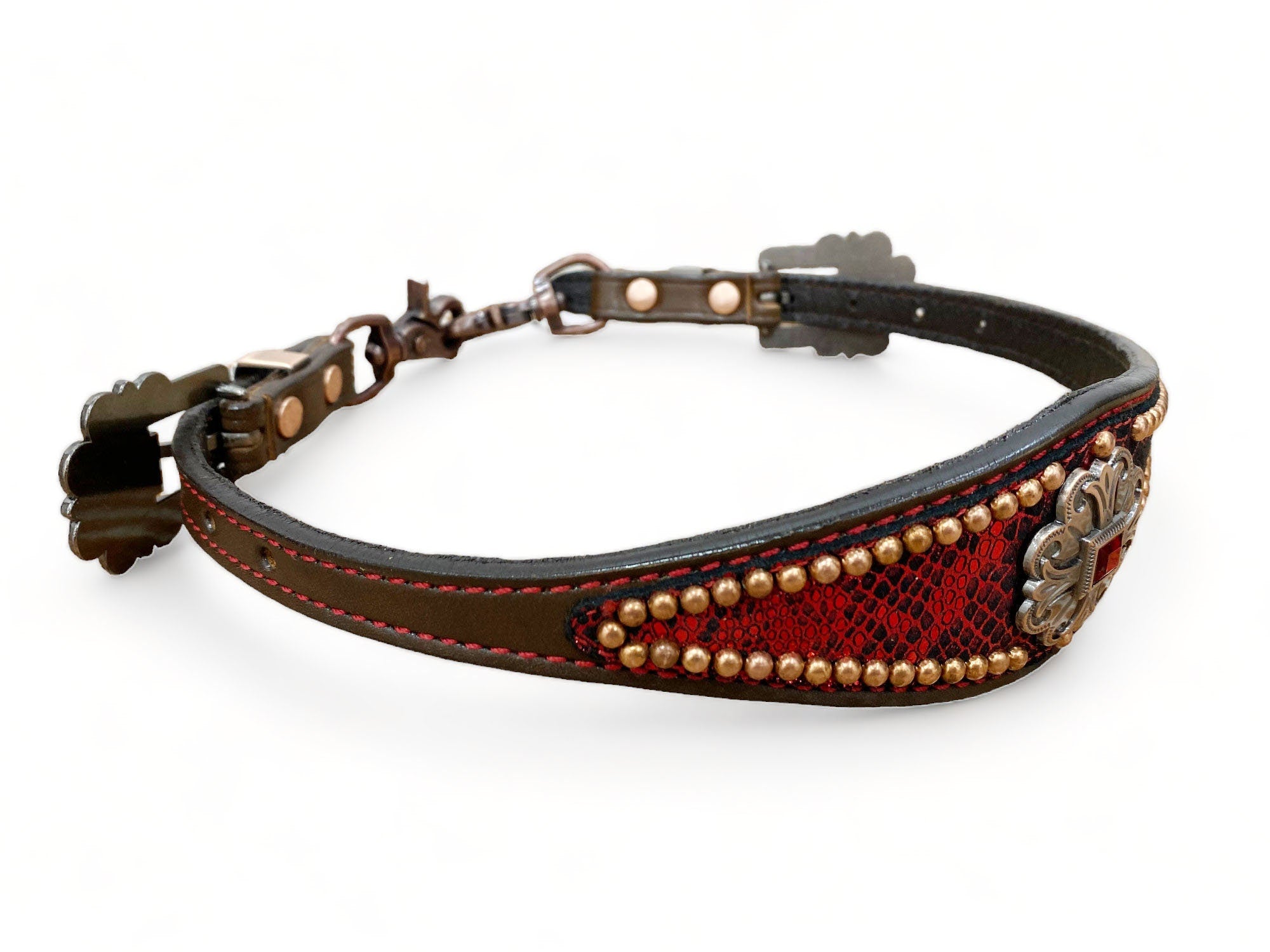 MOUSM Western Wither Strap - Stylish Horse Tack Accessory Decorated with Red Snake Skin-Textured Print, Surrounded by Antique Copper Studs
