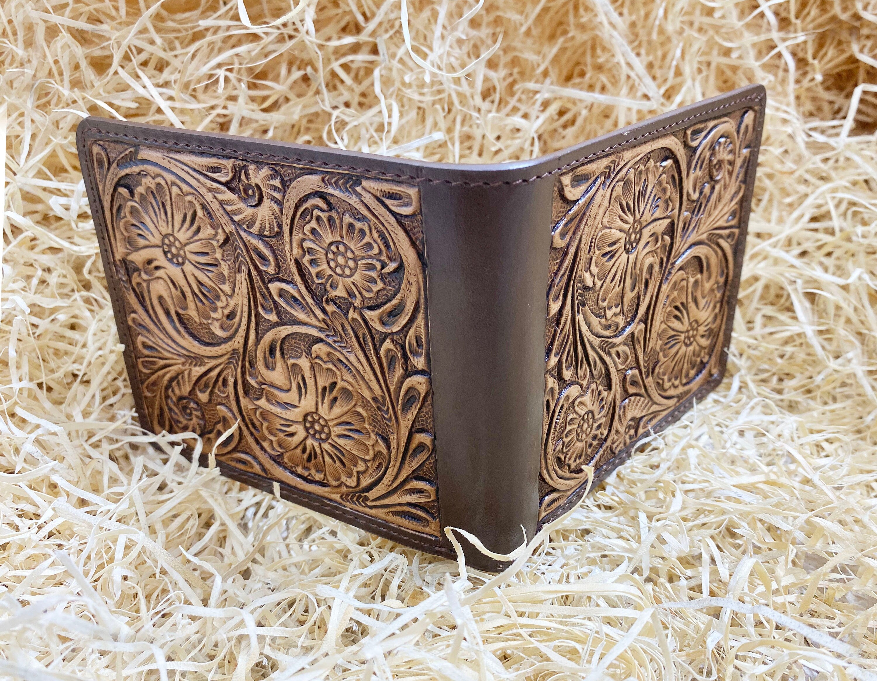 MOUSM Wallet Western Mens Leather Wallet for Men Argentina cow leather wallet with flower hand-tooled