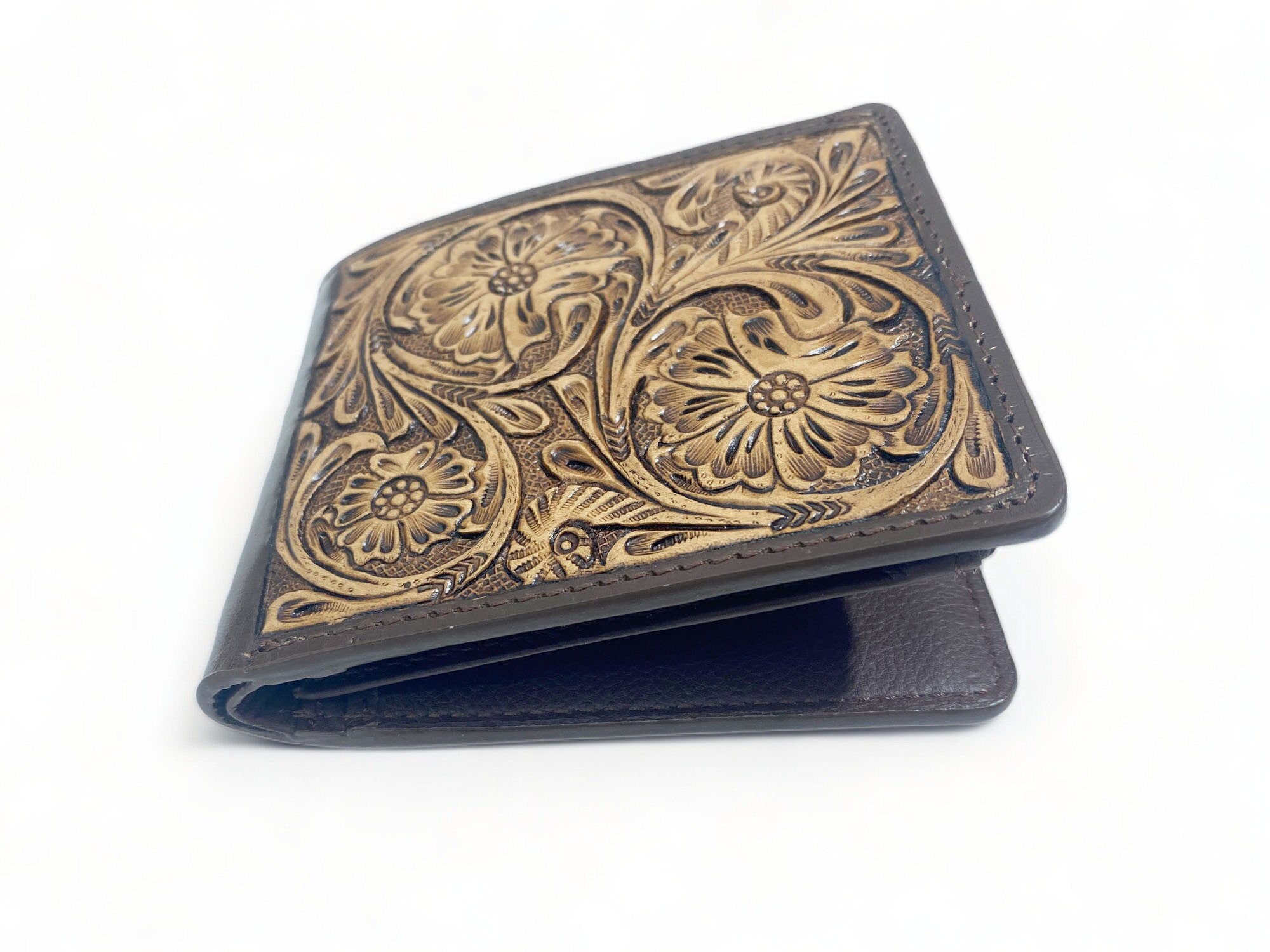 MOUSM Wallet Western Mens Leather Wallet for Men Argentina cow leather wallet with flower hand-tooled