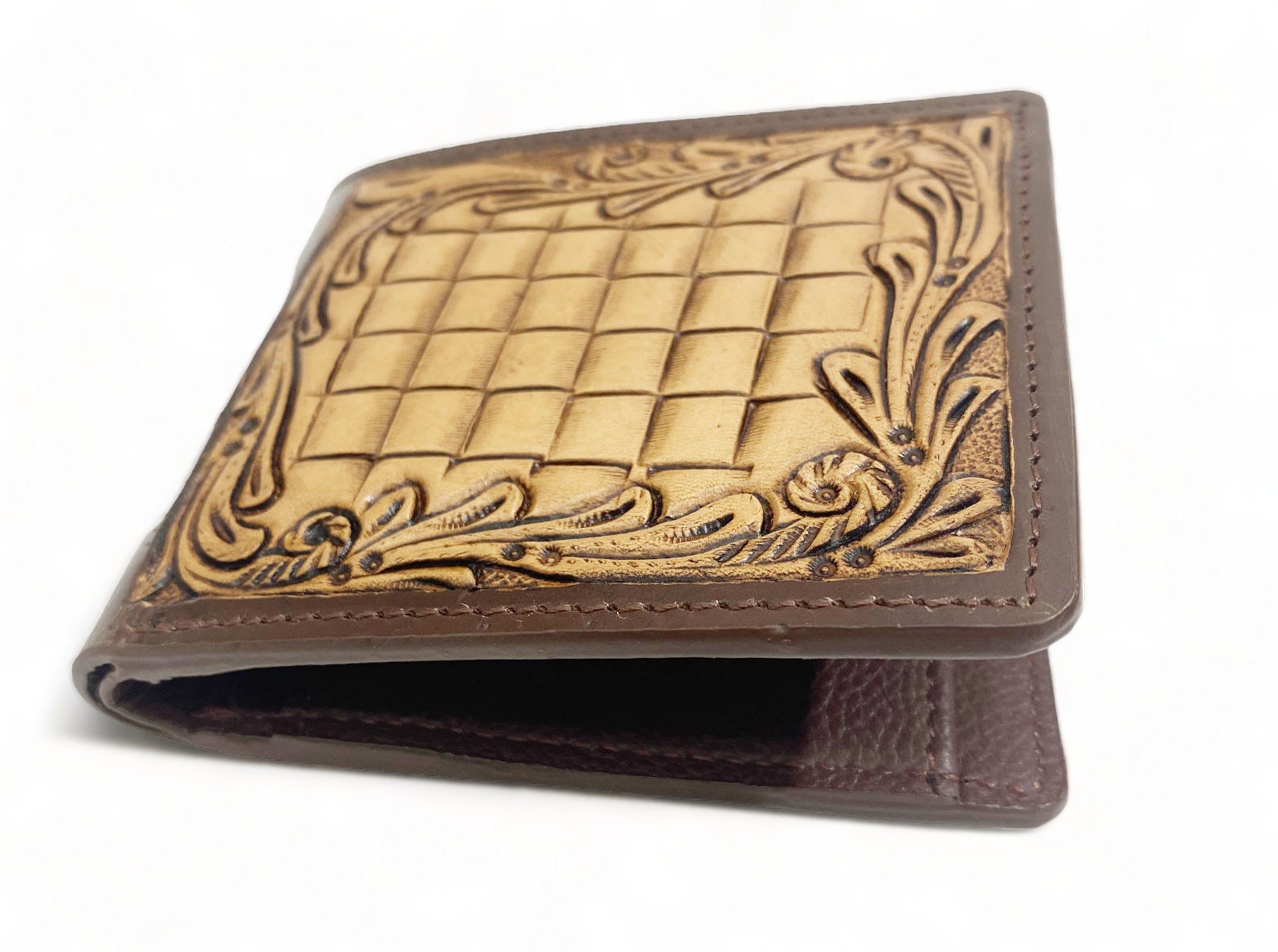 MOUSM Wallet Western Mens Leather Wallet for Men Argentina cow leather with basket hand tooled border carving
