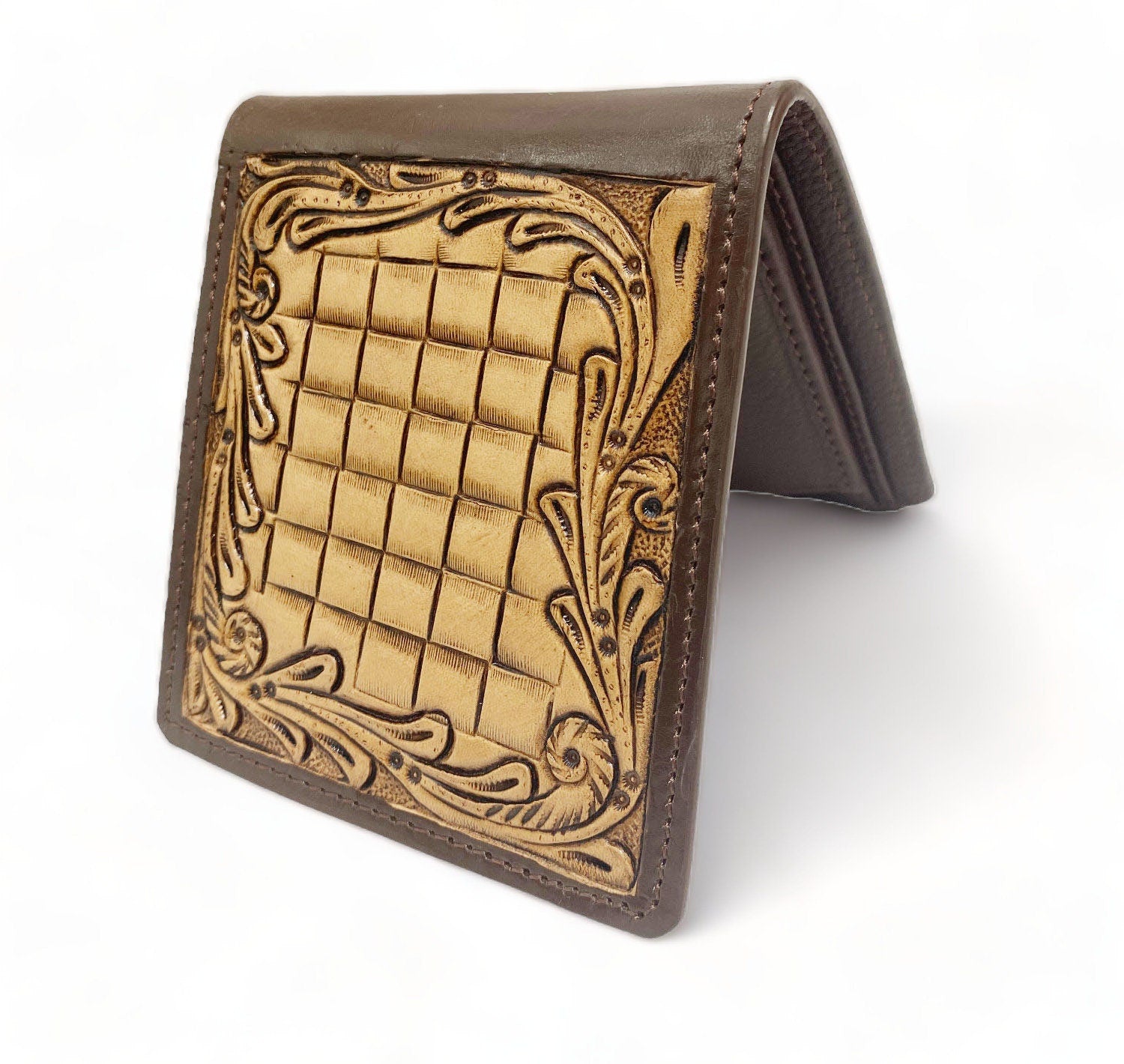 MOUSM Wallet Western Mens Leather Wallet for Men Argentina cow leather with basket hand tooled border carving