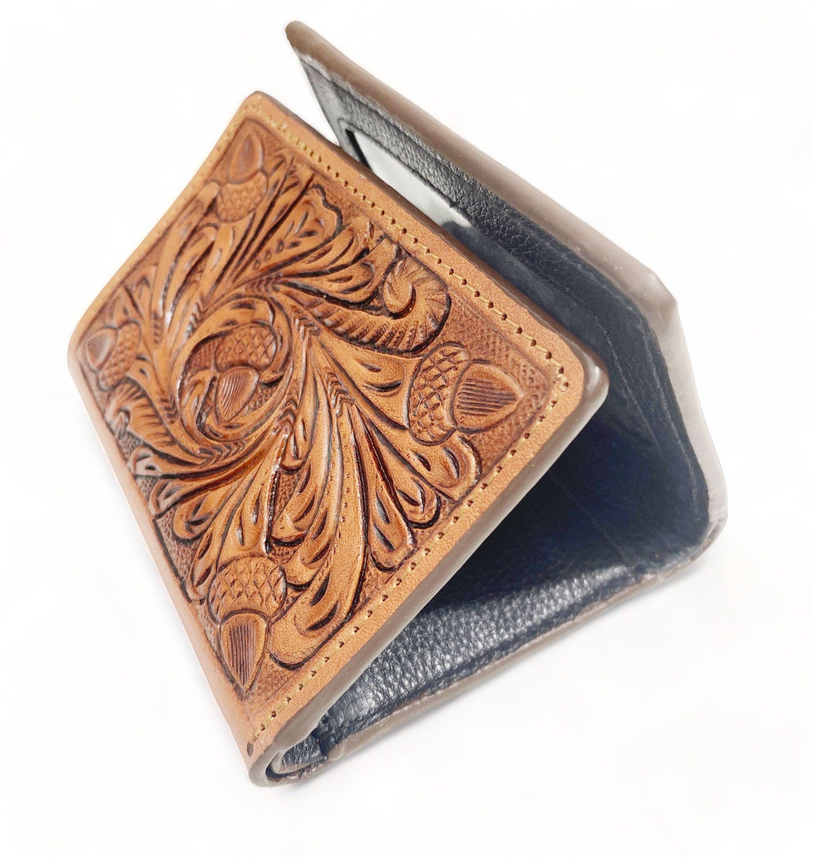 MOUSM Wallet Western Mens Leather Wallet for Men Argentina cow leather with OAK fruit carving leather wallet