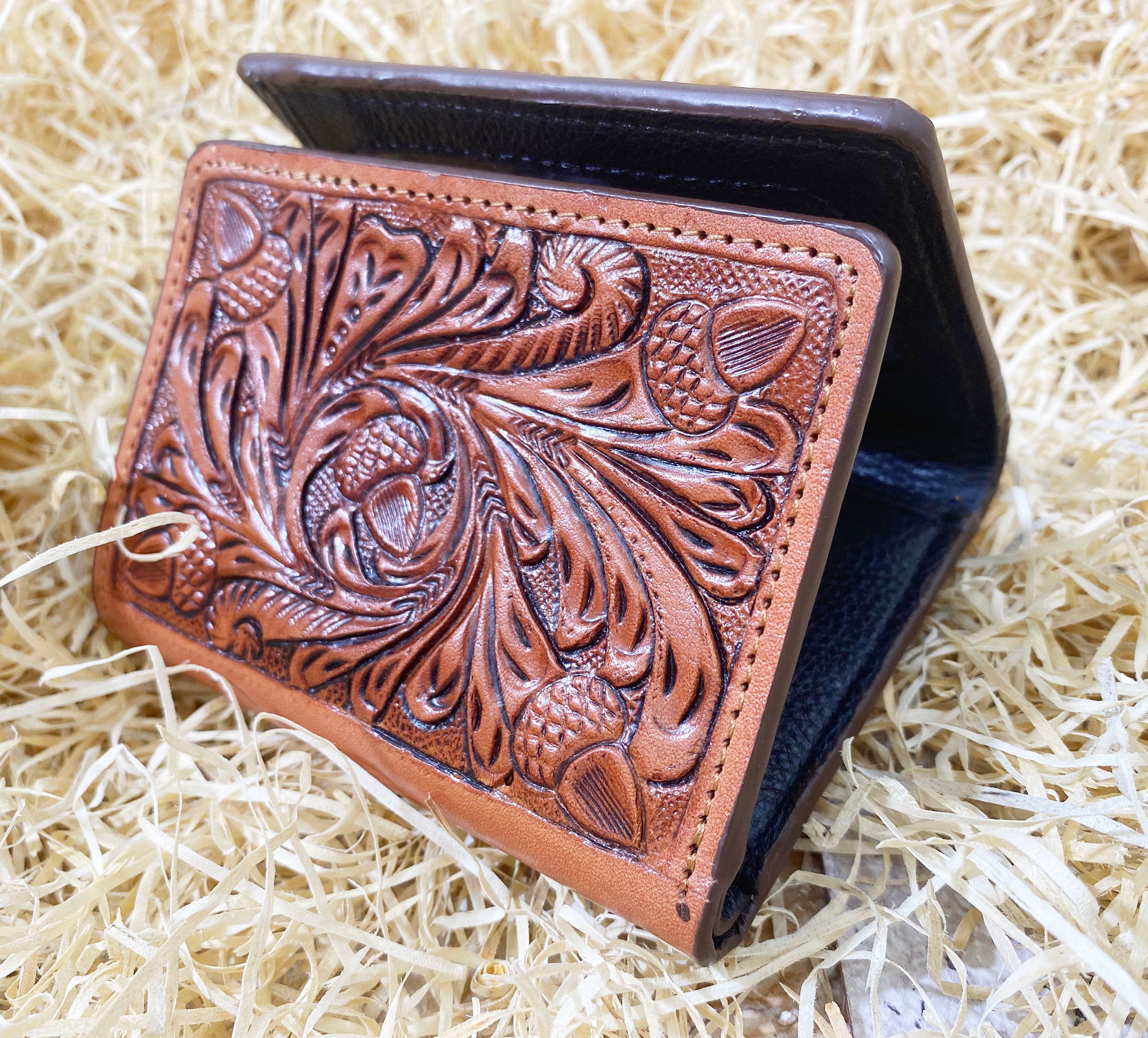 MOUSM Wallet Western Mens Leather Wallet for Men Argentina cow leather with OAK fruit carving leather wallet