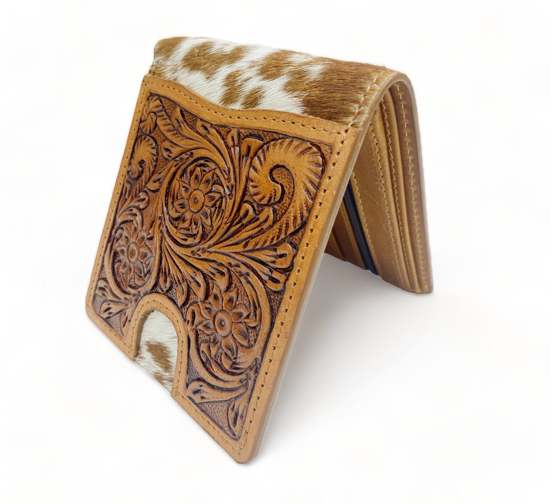 MOUSM Wallet Western Mens Leather Wallet for Men Argentina cow leather having flower carving with quick card pocket wallet