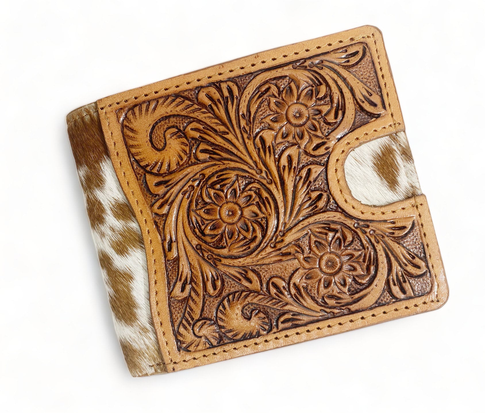 MOUSM Wallet Western Mens Leather Wallet for Men Argentina cow leather having flower carving with quick card pocket wallet