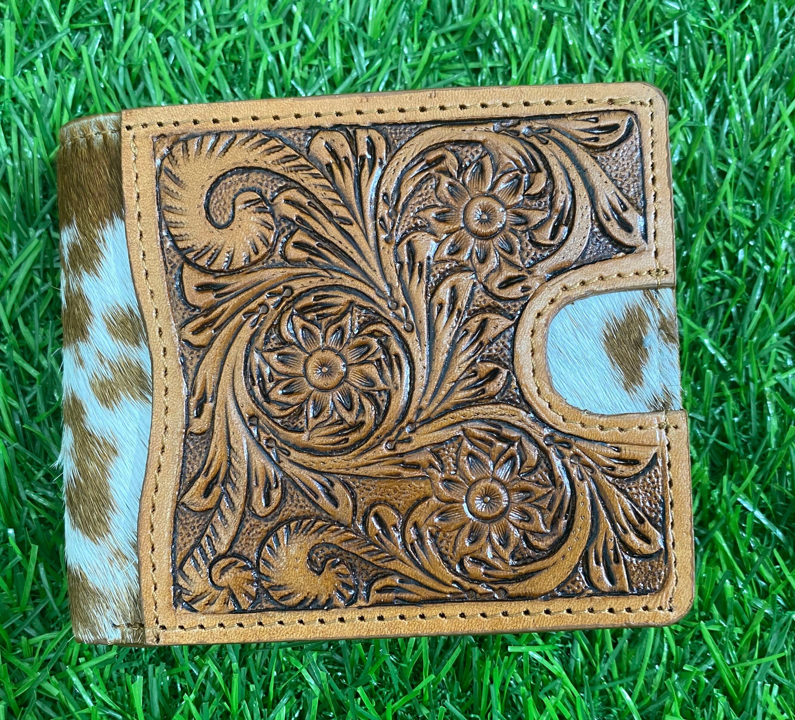 MOUSM Wallet Western Mens Leather Wallet for Men Argentina cow leather having flower carving with quick card pocket wallet