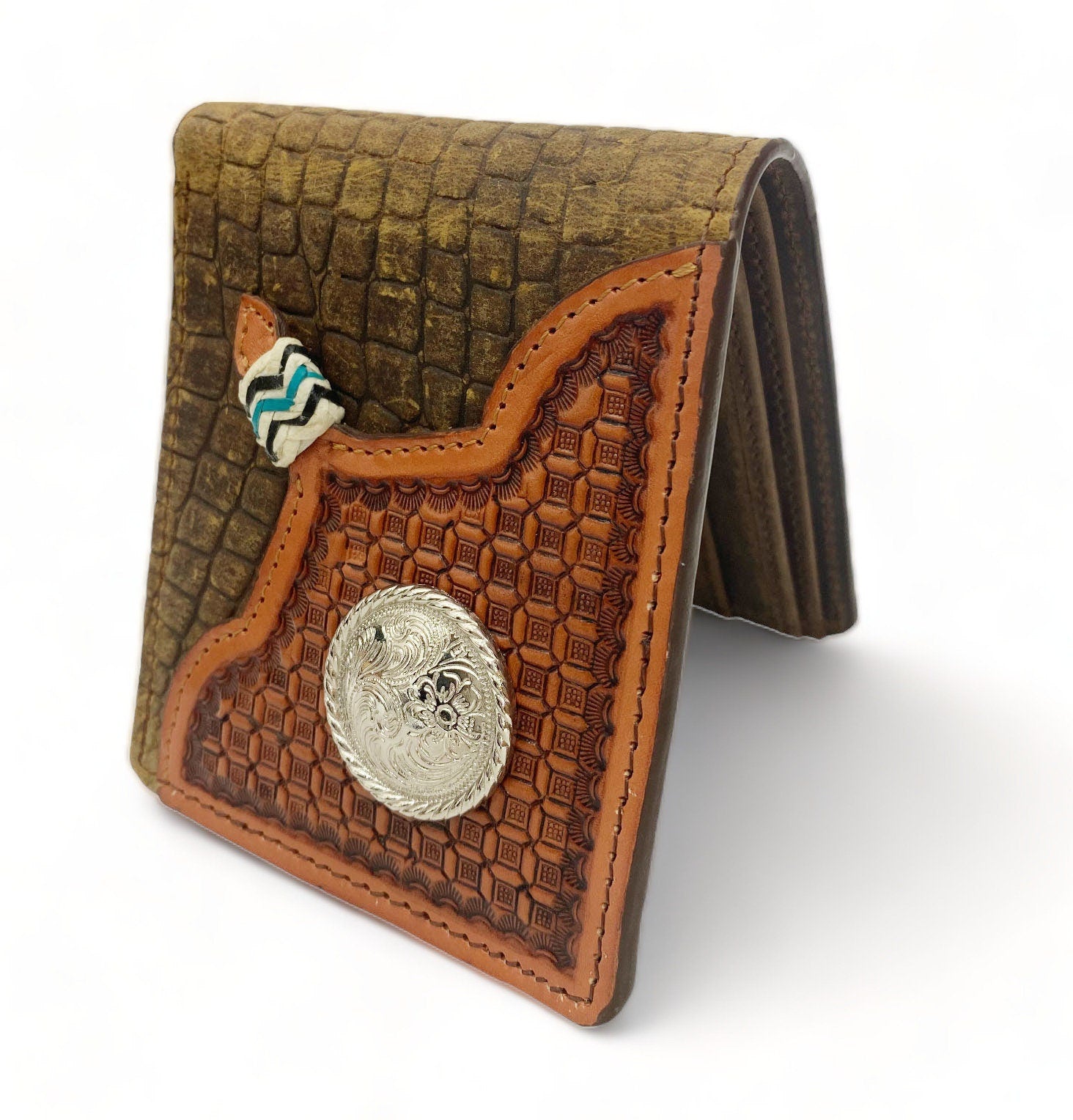 MOUSM Wallet Western Mens Leather Wallet for Men cow leather with Aligator print with window tooled Wallet